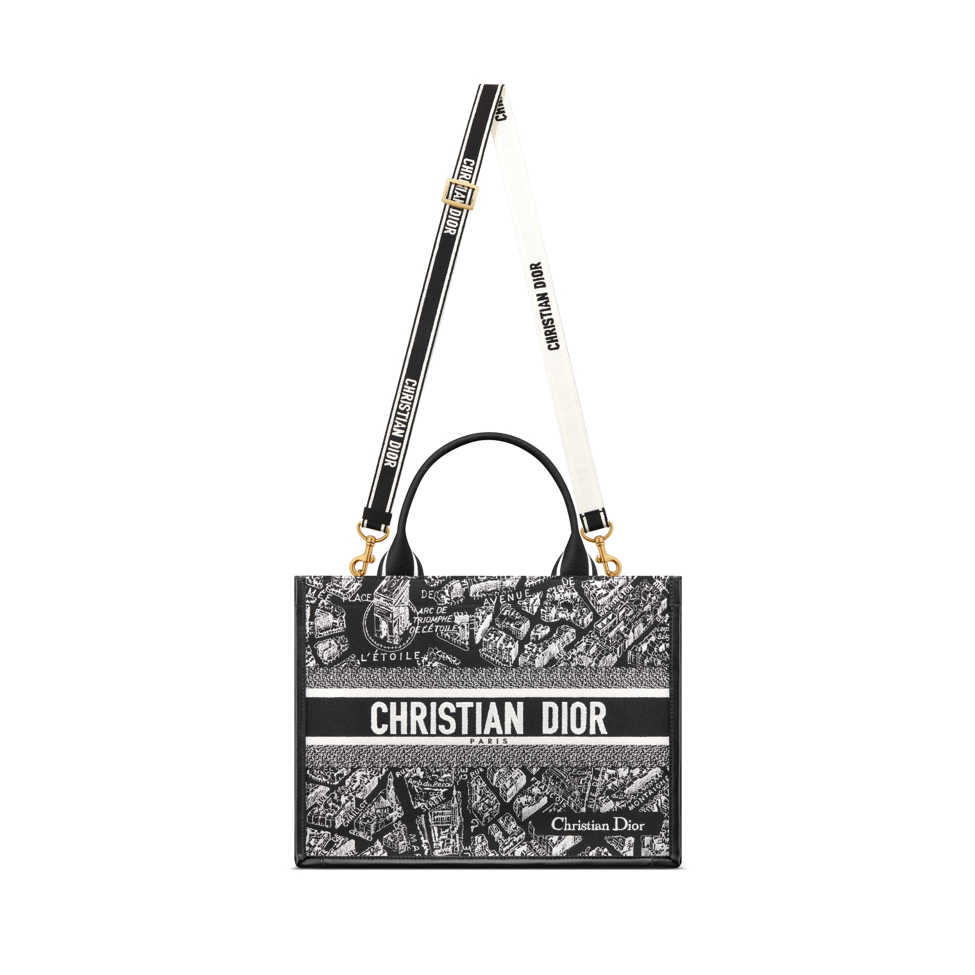 Medium Dior Book Tote Black and White Plan de Paris Embroidery with Black Calfskin (36.5 x 28 x 16.5 cm) E07