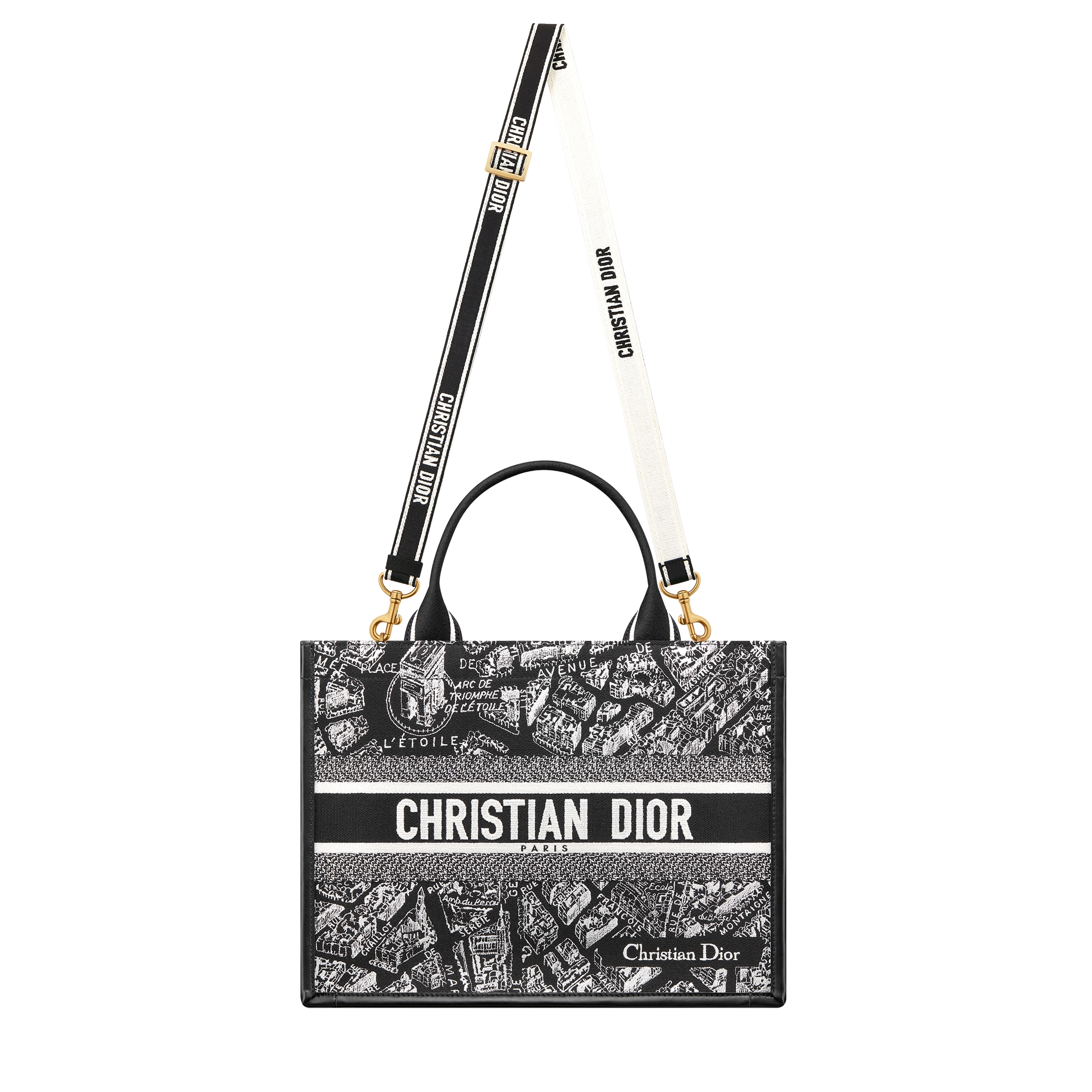 Medium Dior Book Tote Black and White Plan de Paris Embroidery with Black Calfskin (36.5 x 28 x 16.5 cm) E07