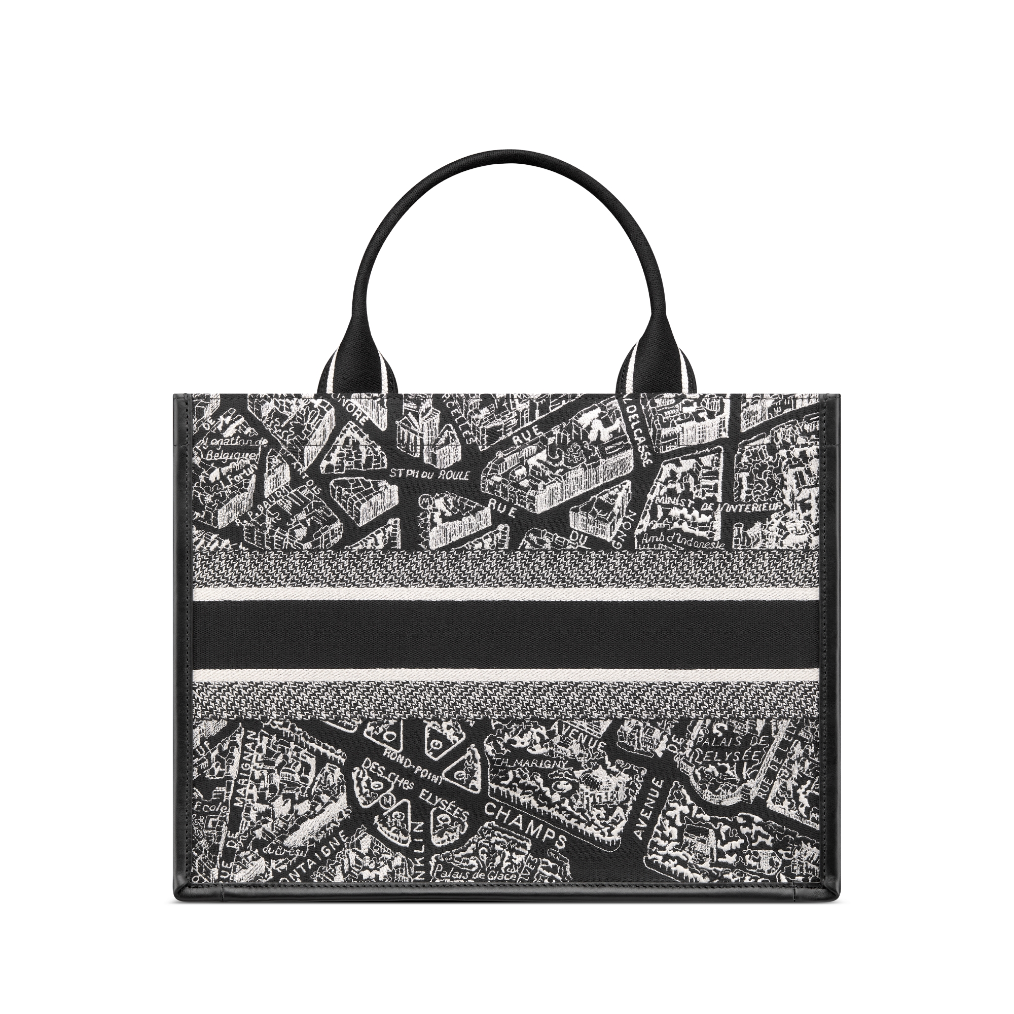 Medium Dior Book Tote Black and White Plan de Paris Embroidery with Black Calfskin (36.5 x 28 x 16.5 cm) E08