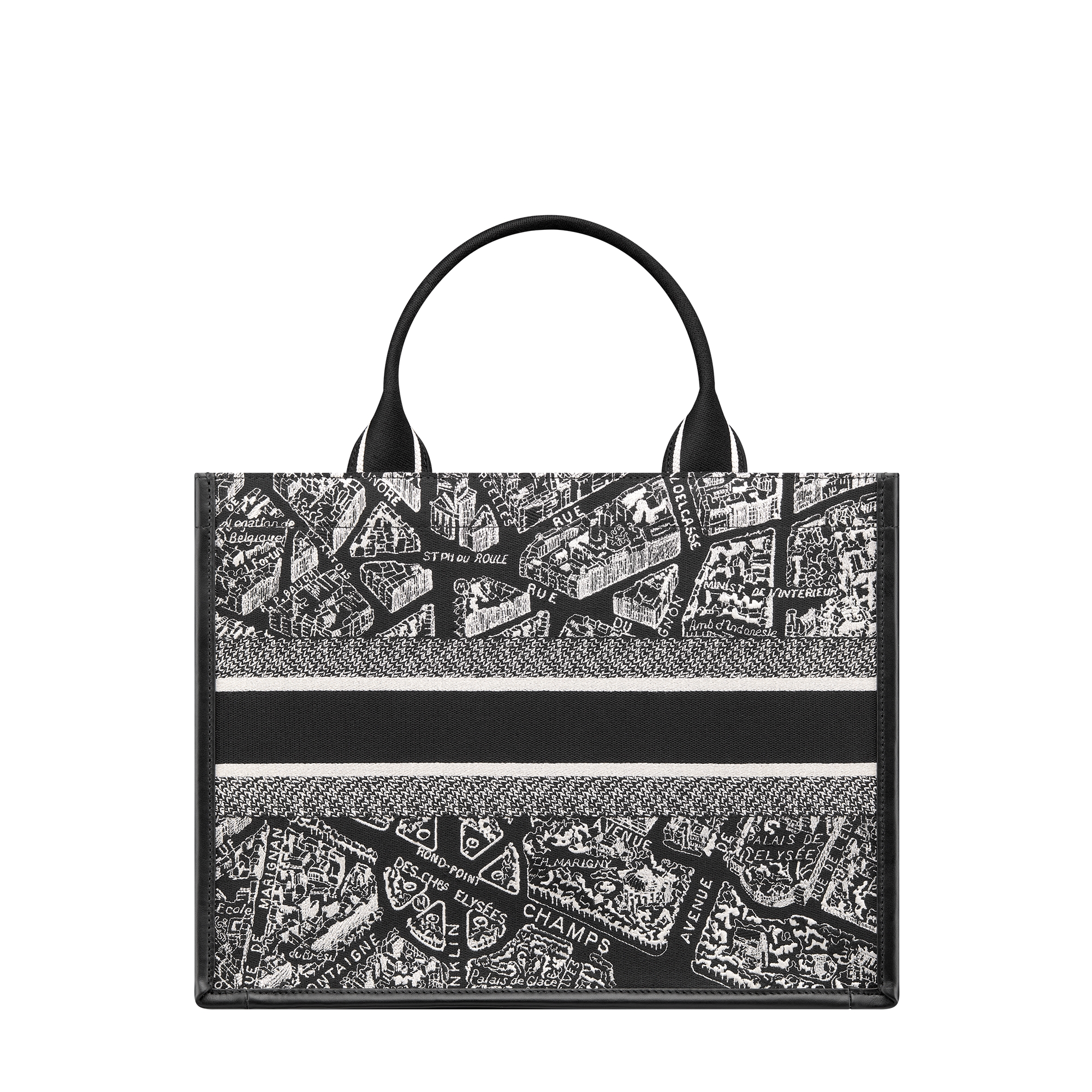 Medium Dior Book Tote Black and White Plan de Paris Embroidery with Black Calfskin (36.5 x 28 x 16.5 cm) E08