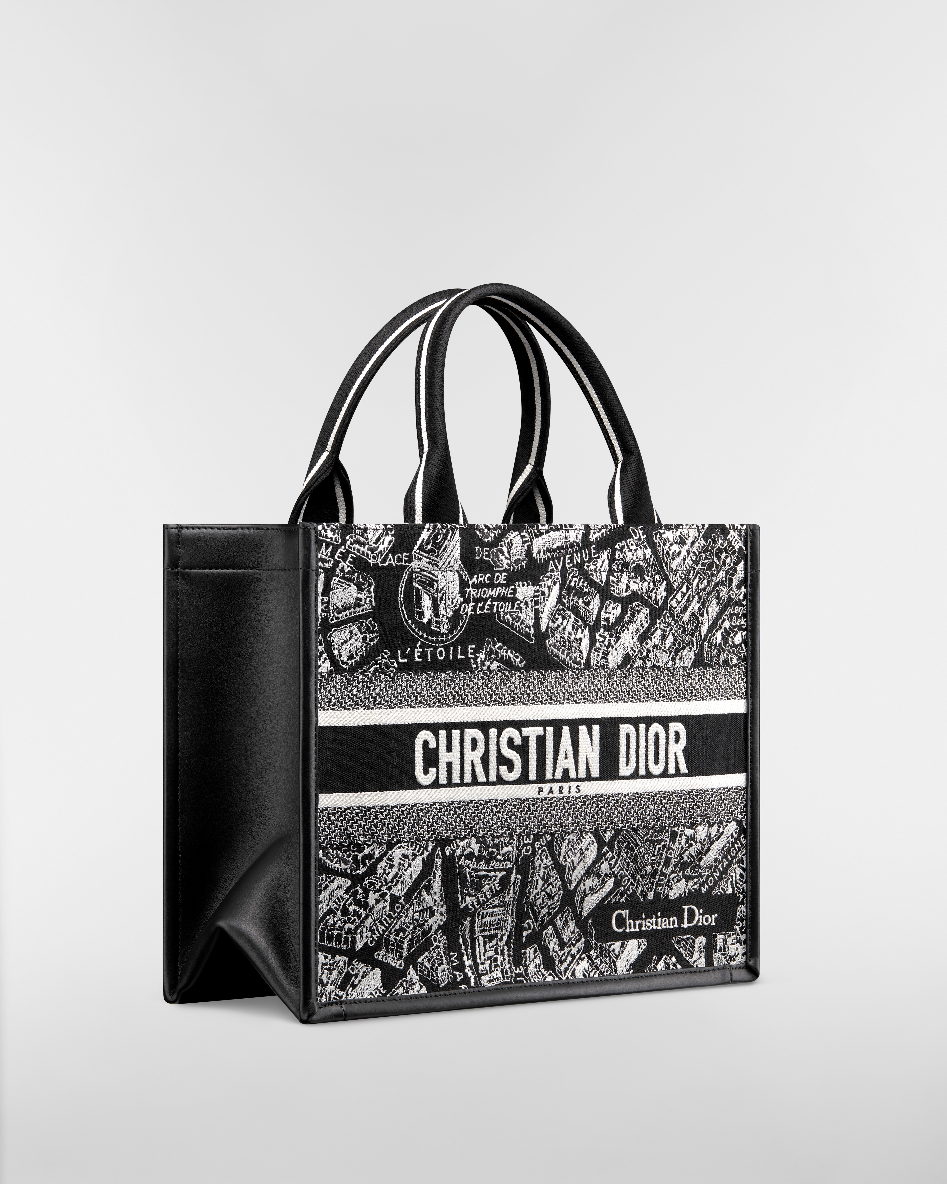 Medium Dior Book Tote Black and White Plan de Paris Embroidery with Black Calfskin (36.5 x 28 x 16.5 cm) E03