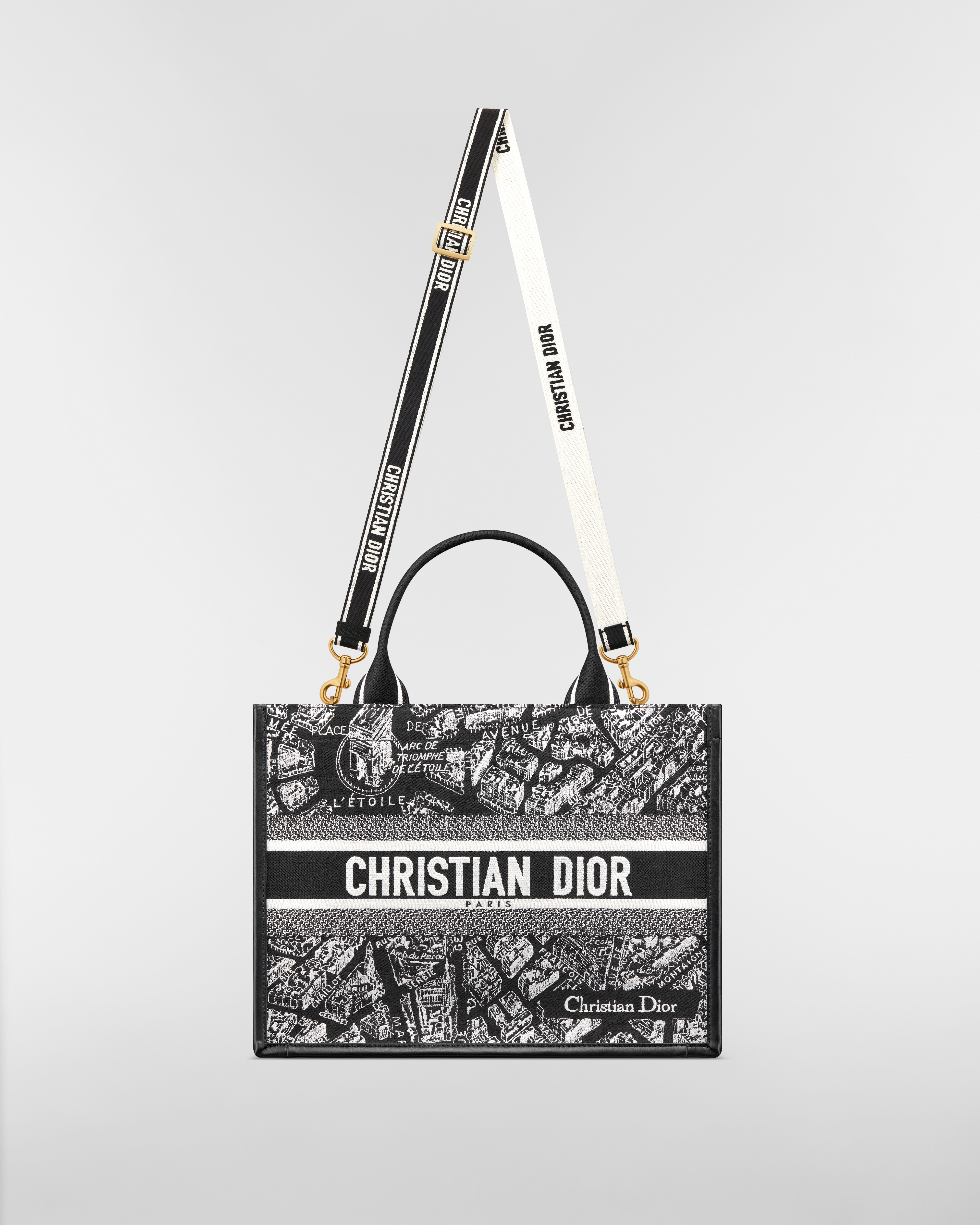 Medium Dior Book Tote Black and White Plan de Paris Embroidery with Black Calfskin (36.5 x 28 x 16.5 cm) E07