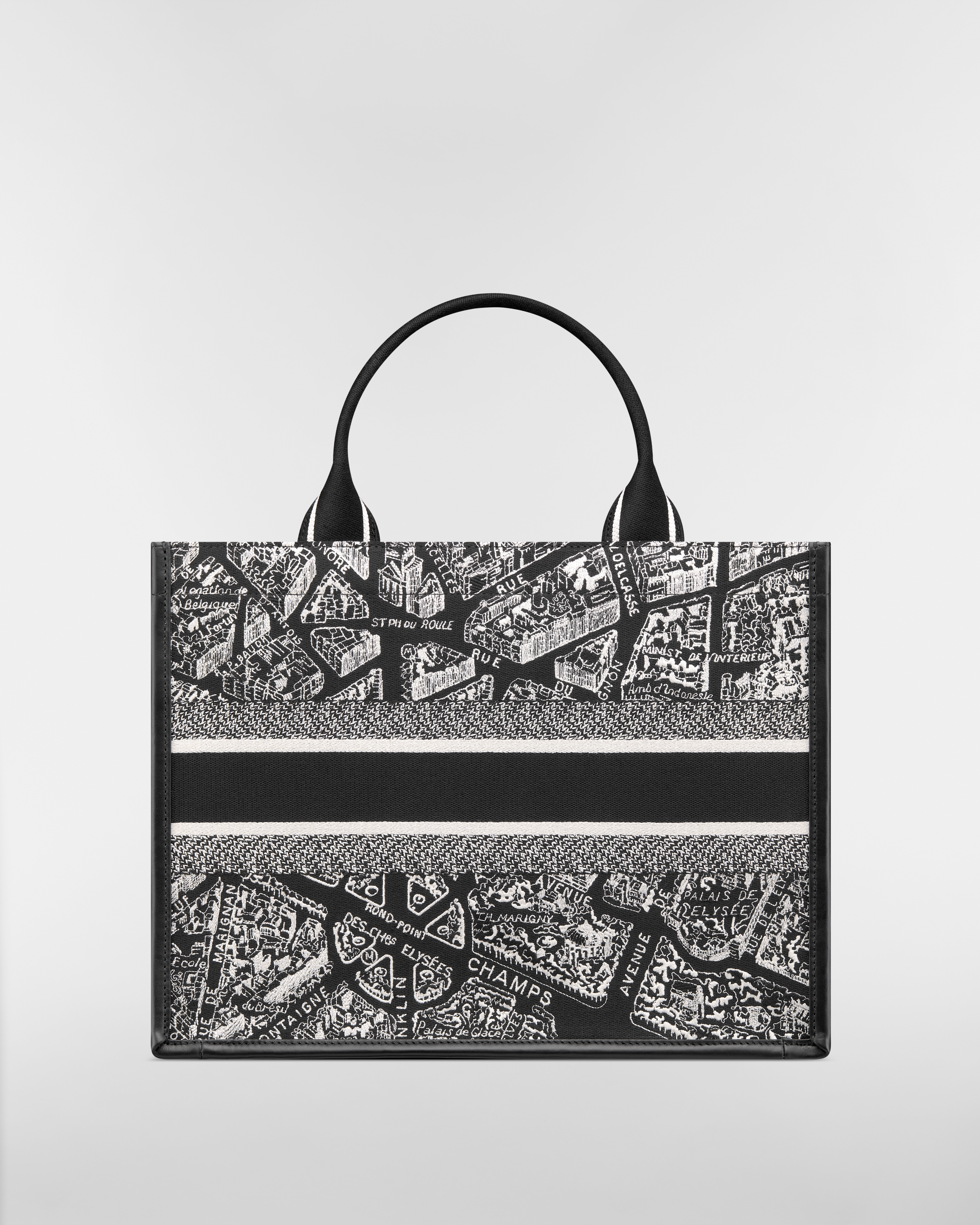 Medium Dior Book Tote Black and White Plan de Paris Embroidery with Black Calfskin (36.5 x 28 x 16.5 cm) E08