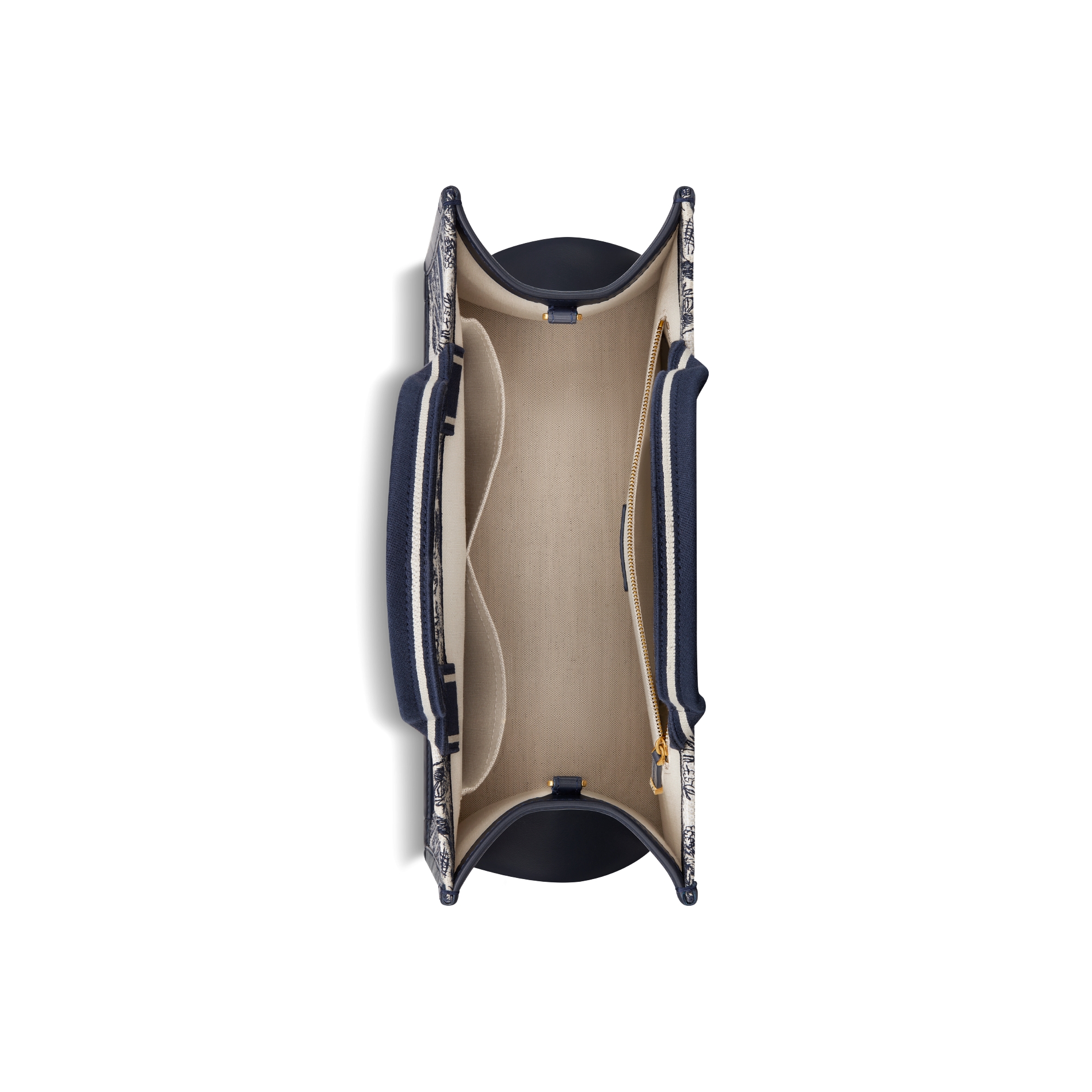 Middelgrote Dior Book Tote Wit en marineblauw Toile de Jouy Sauvage-borduursel met marineblauw kalfsleer (36,5 x 28 x 16,5 cm) E06