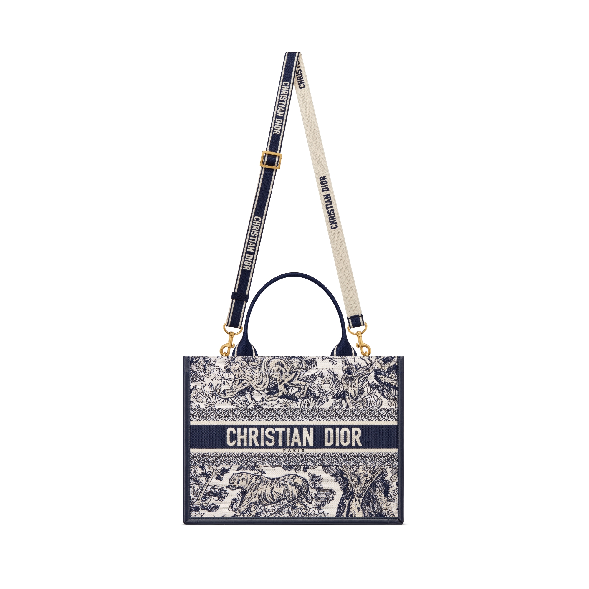 Middelgrote Dior Book Tote Wit en marineblauw Toile de Jouy Sauvage-borduursel met marineblauw kalfsleer (36,5 x 28 x 16,5 cm) E07