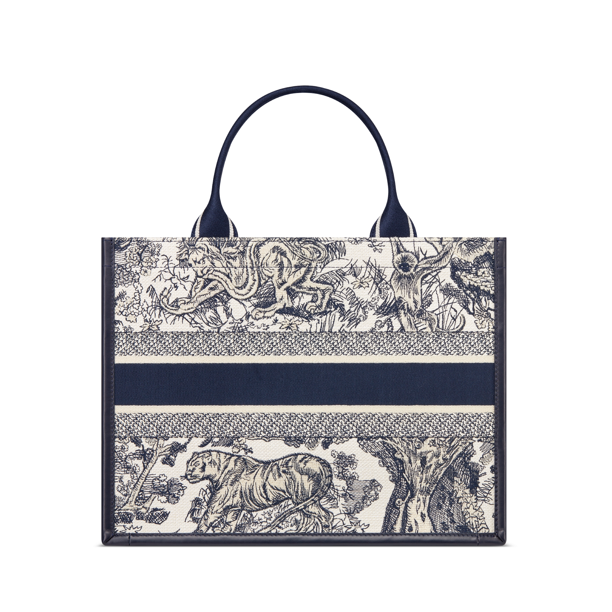 Middelgrote Dior Book Tote Wit en marineblauw Toile de Jouy Sauvage-borduursel met marineblauw kalfsleer (36,5 x 28 x 16,5 cm) E08