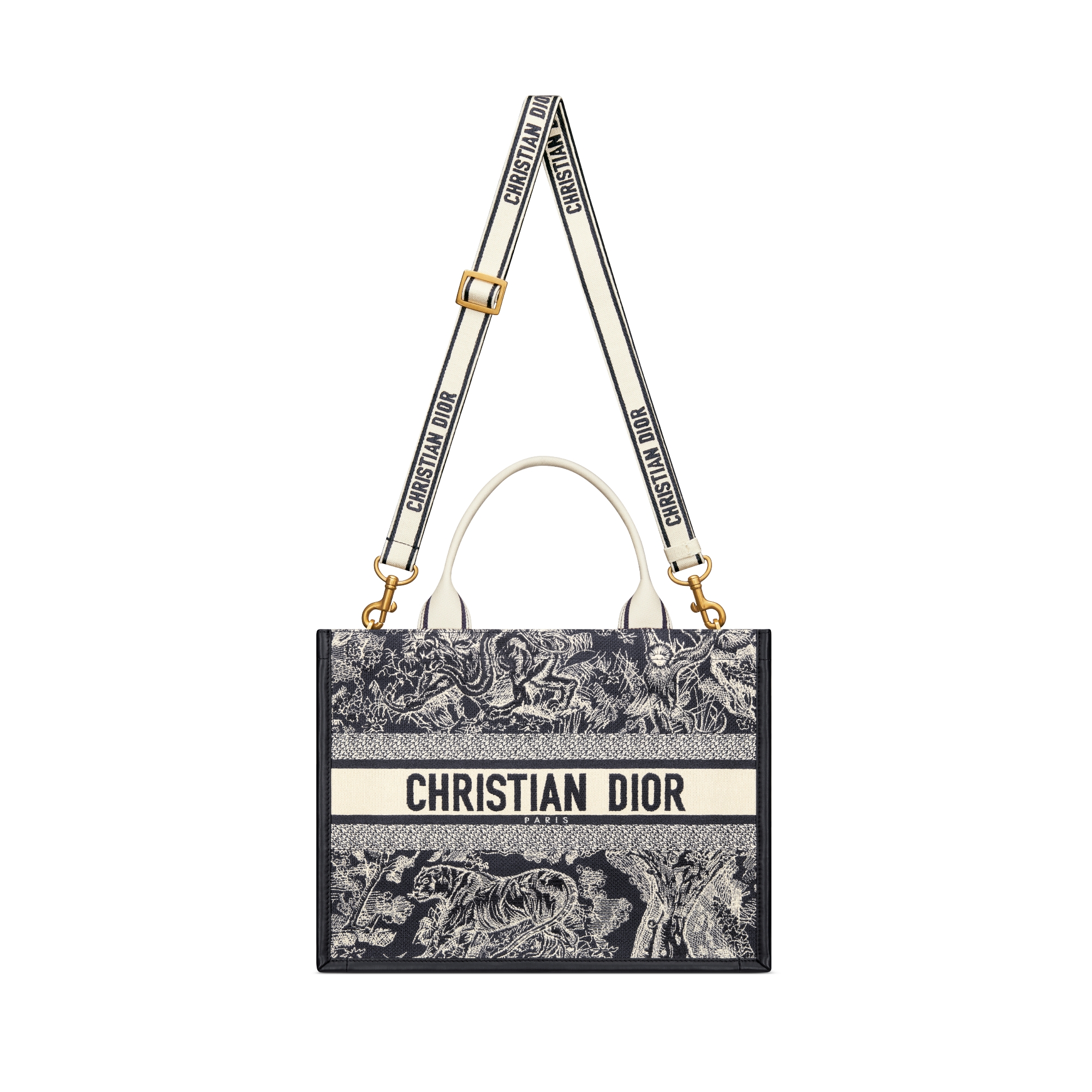 Medium Dior Book Tote Blue and Ecru Toile de Jouy Reverse Embroidery with Blue Calfskin (36.5 x 28 x 16.5 cm) E07