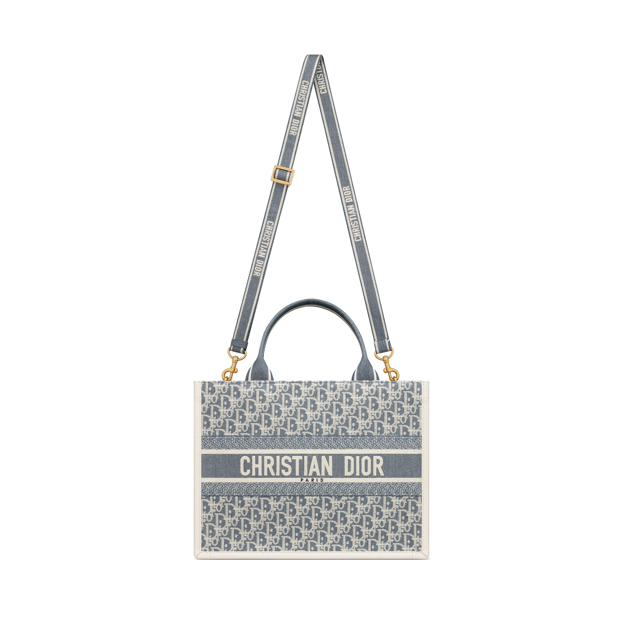 Medium Dior Book Tote Blue Dior Oblique Chambray Embroidery and Latte Calfskin (36.5 x 28 x 16.5 cm) E07