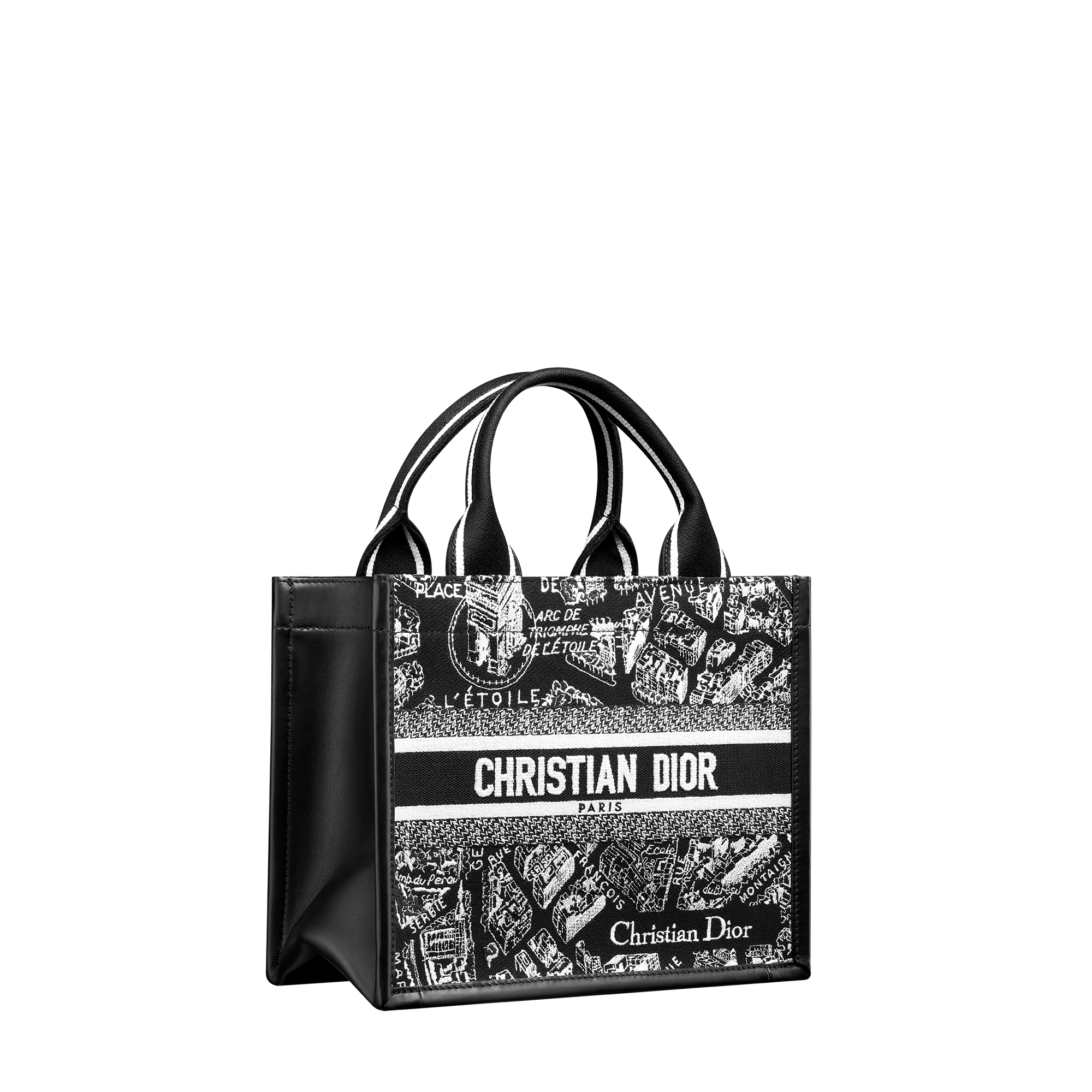 Small Dior Book Tote Black and White Plan de Paris Embroidery with Black Calfskin (26.5 x 22 x 14 cm) E03