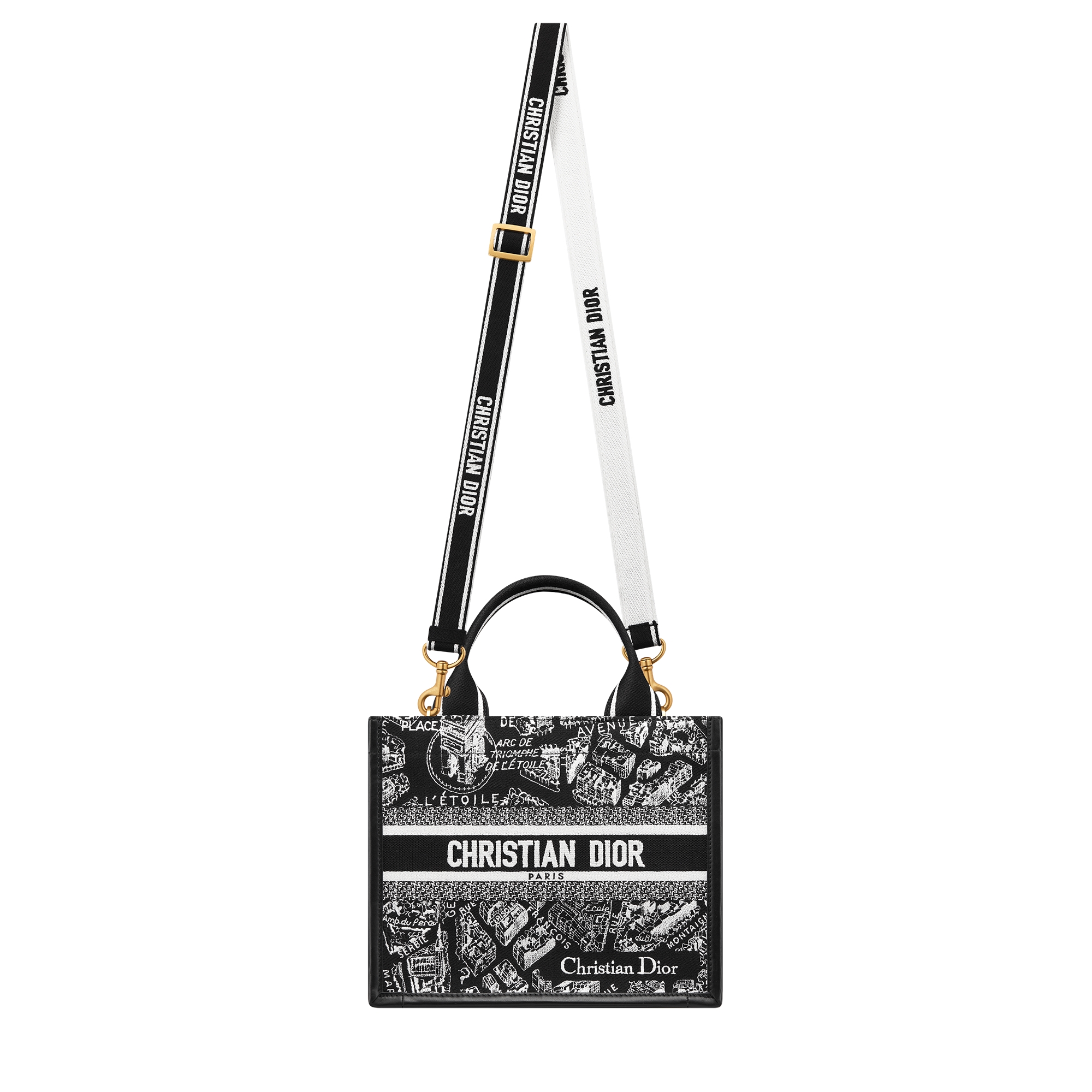 Small Dior Book Tote Black and White Plan de Paris Embroidery with Black Calfskin (26.5 x 22 x 14 cm) E07