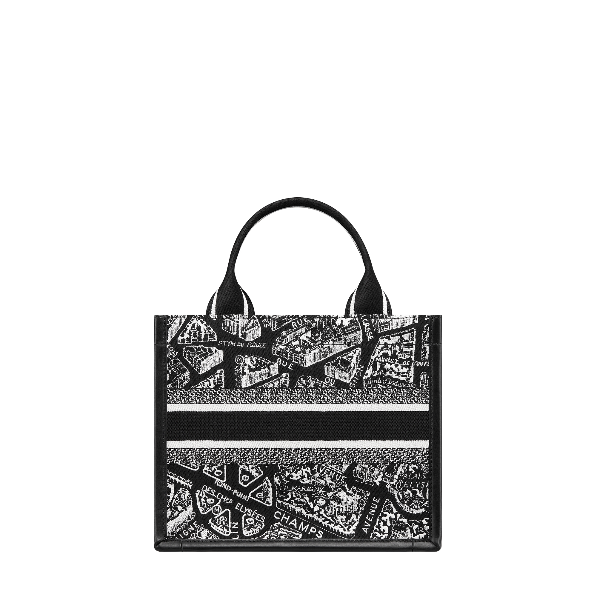 Small Dior Book Tote Black and White Plan de Paris Embroidery with Black Calfskin (26.5 x 22 x 14 cm) E08