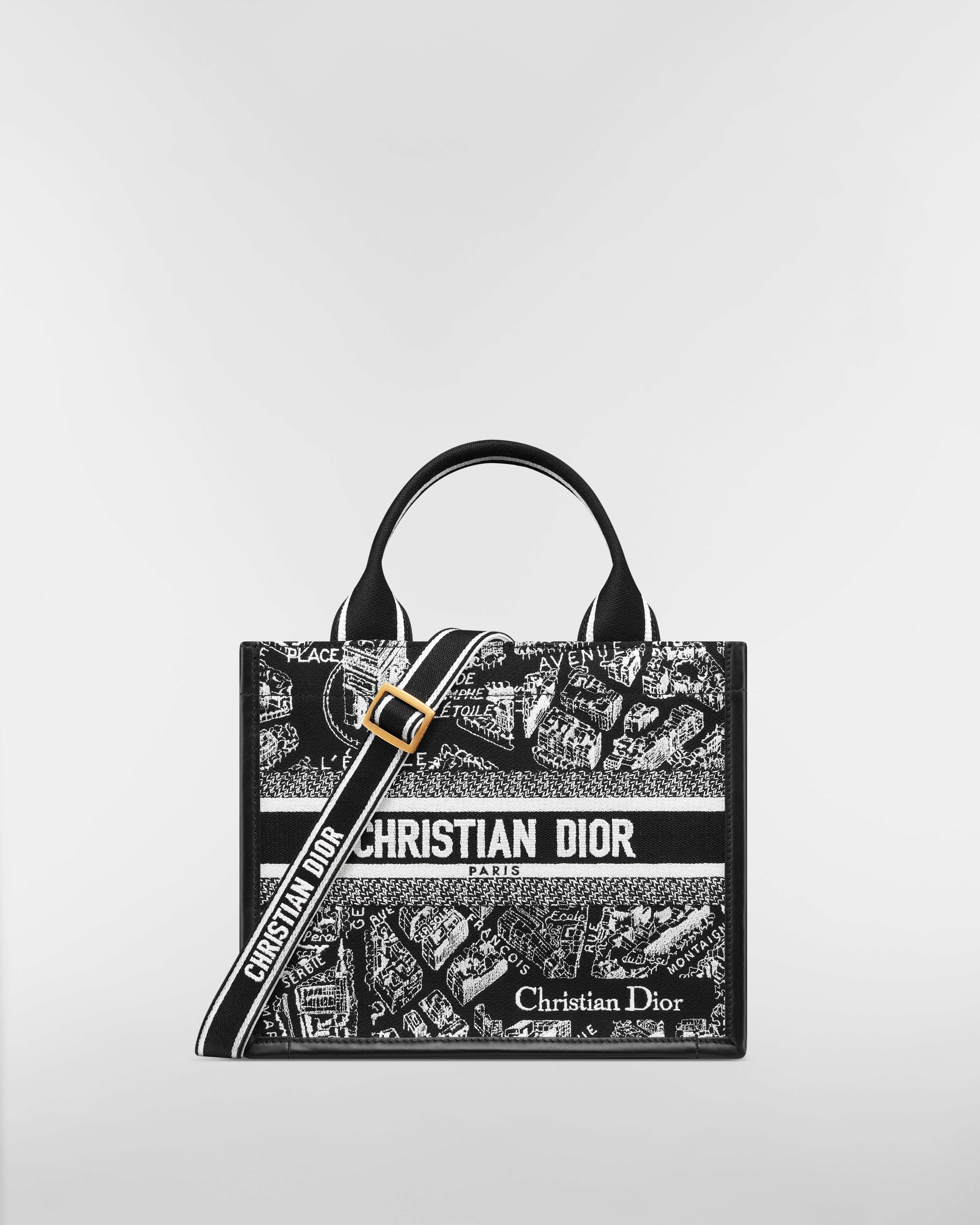 Small Dior Book Tote Black and White Plan de Paris Embroidery with Black Calfskin (26.5 x 22 x 14 cm) E01