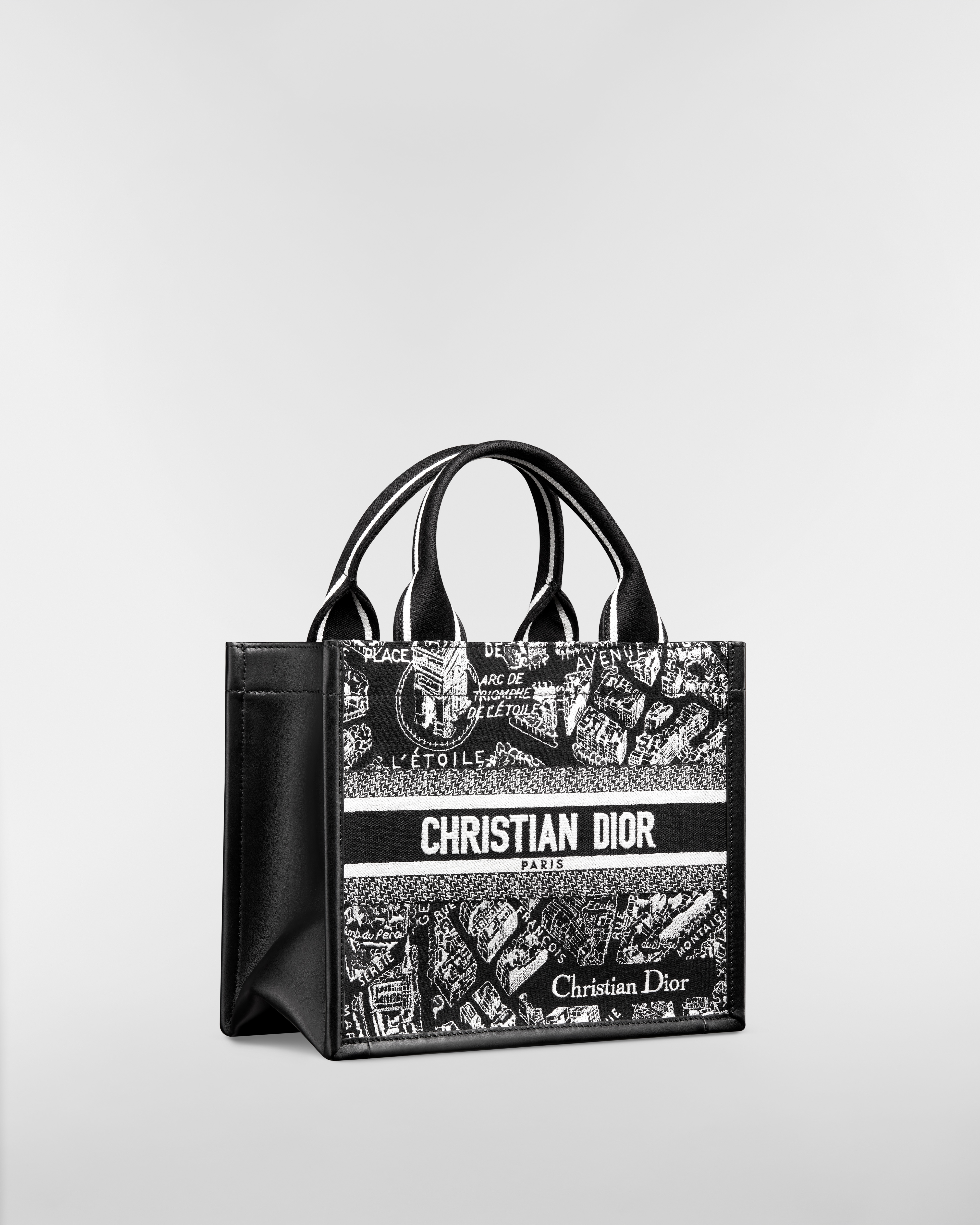 Small Dior Book Tote Black and White Plan de Paris Embroidery with Black Calfskin (26.5 x 22 x 14 cm) E03