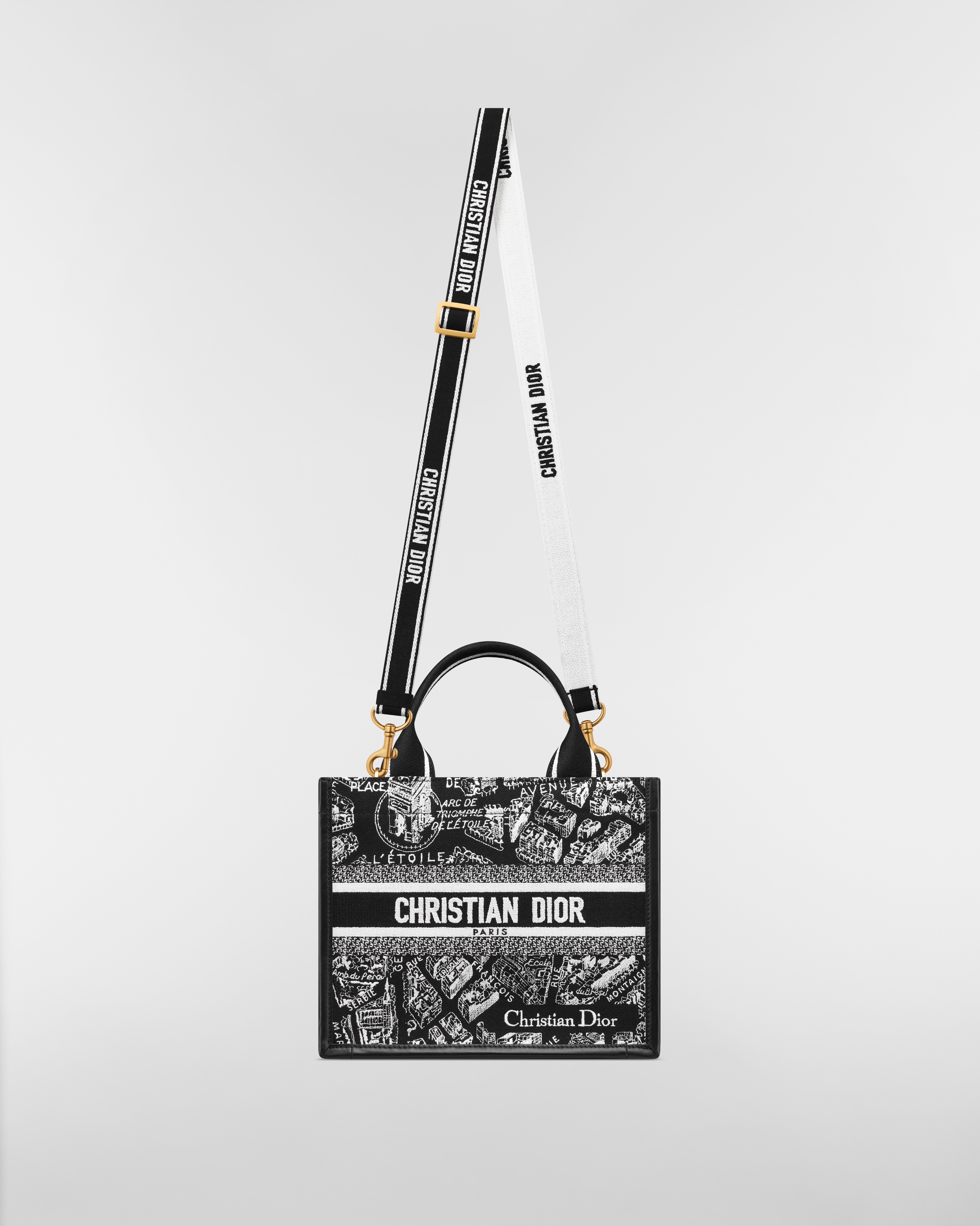 Small Dior Book Tote Black and White Plan de Paris Embroidery with Black Calfskin (26.5 x 22 x 14 cm) E07
