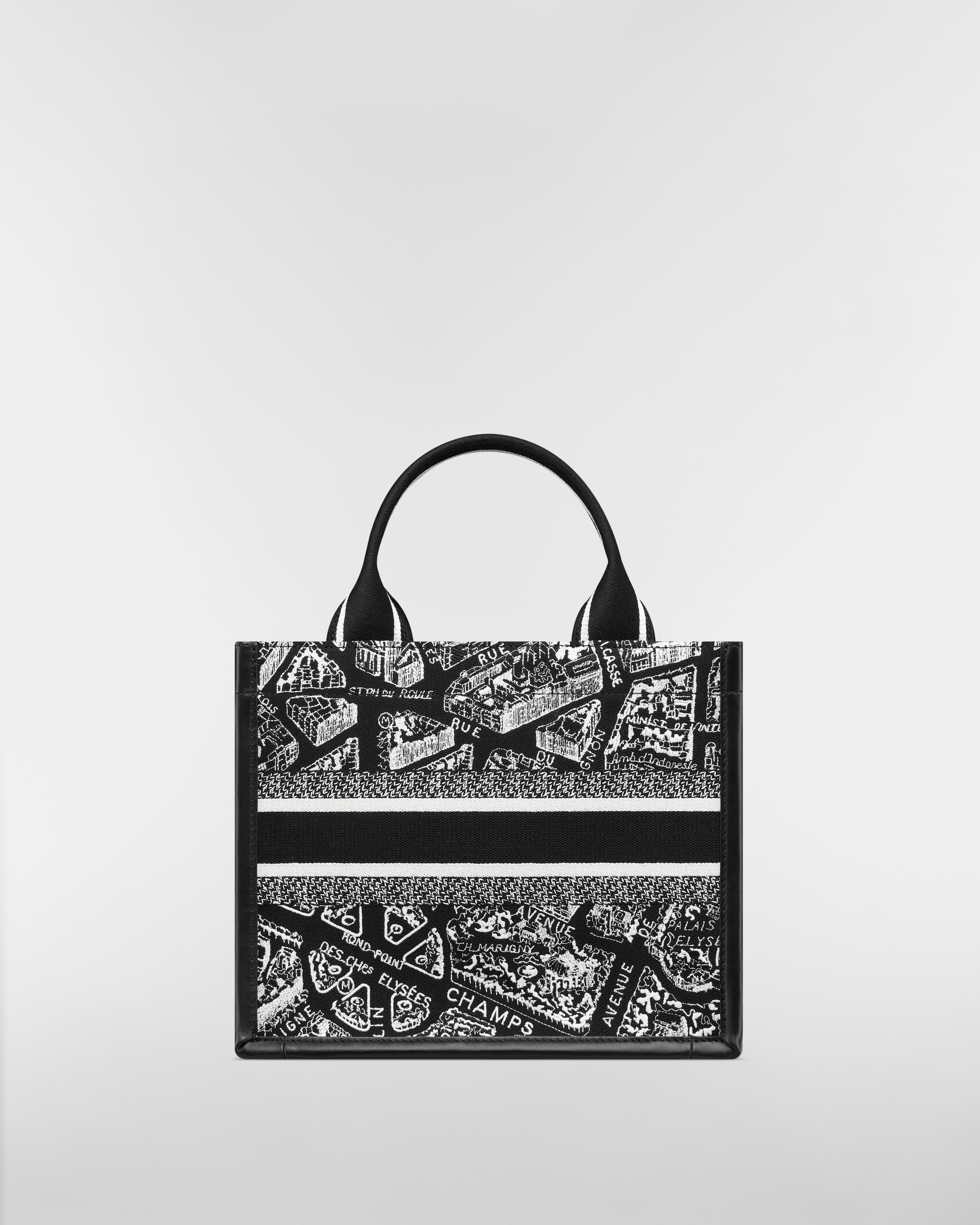 Small Dior Book Tote Black and White Plan de Paris Embroidery with Black Calfskin (26.5 x 22 x 14 cm) E08