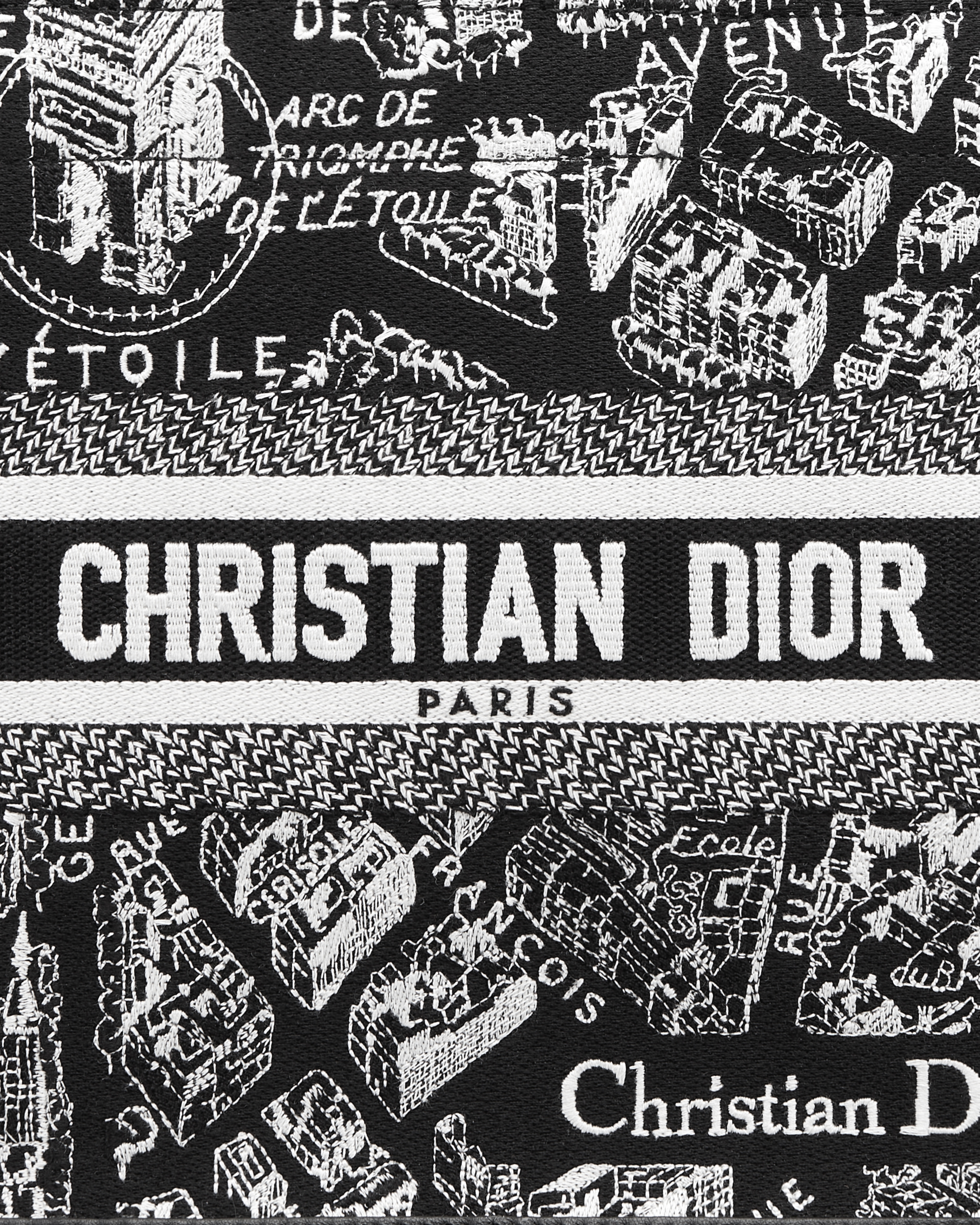 Borsa piccola Dior Book Tote Ricamo Plan de Paris nero e bianco con pelle di vitello nera (26,5 x 22 x 14 cm) E09