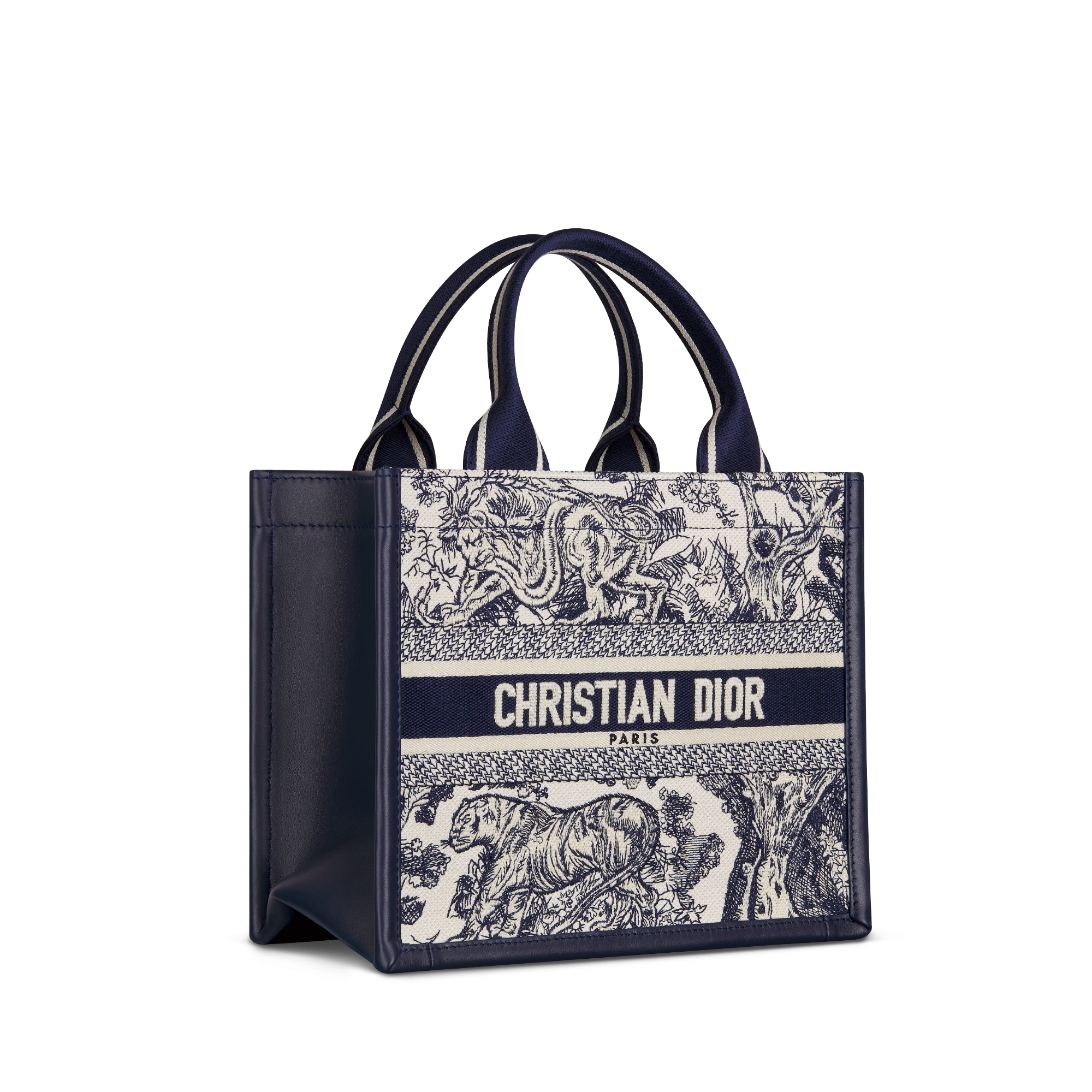 Small Dior Book Tote White and Navy Blue Toile de Jouy Sauvage Embroidery with Navy Blue Calfskin (26.5 x 22 x 14 cm) E03