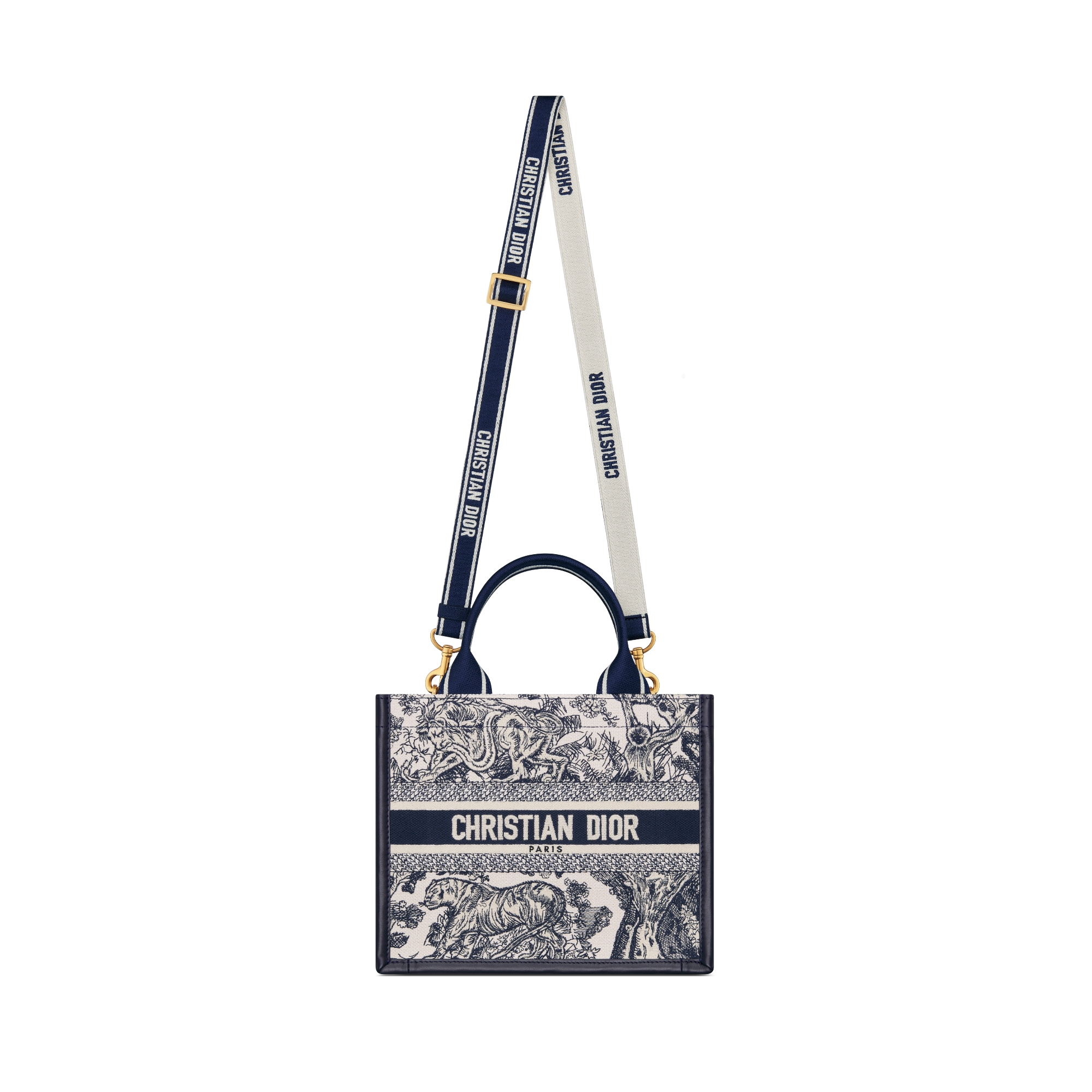 Small Dior Book Tote White and Navy Blue Toile de Jouy Sauvage Embroidery with Navy Blue Calfskin (26.5 x 22 x 14 cm) E07