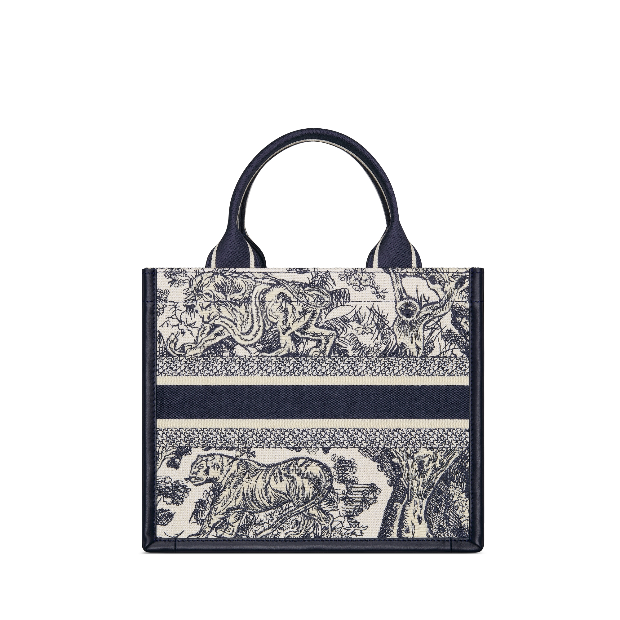 Small Dior Book Tote White and Navy Blue Toile de Jouy Sauvage Embroidery with Navy Blue Calfskin (26.5 x 22 x 14 cm) E08