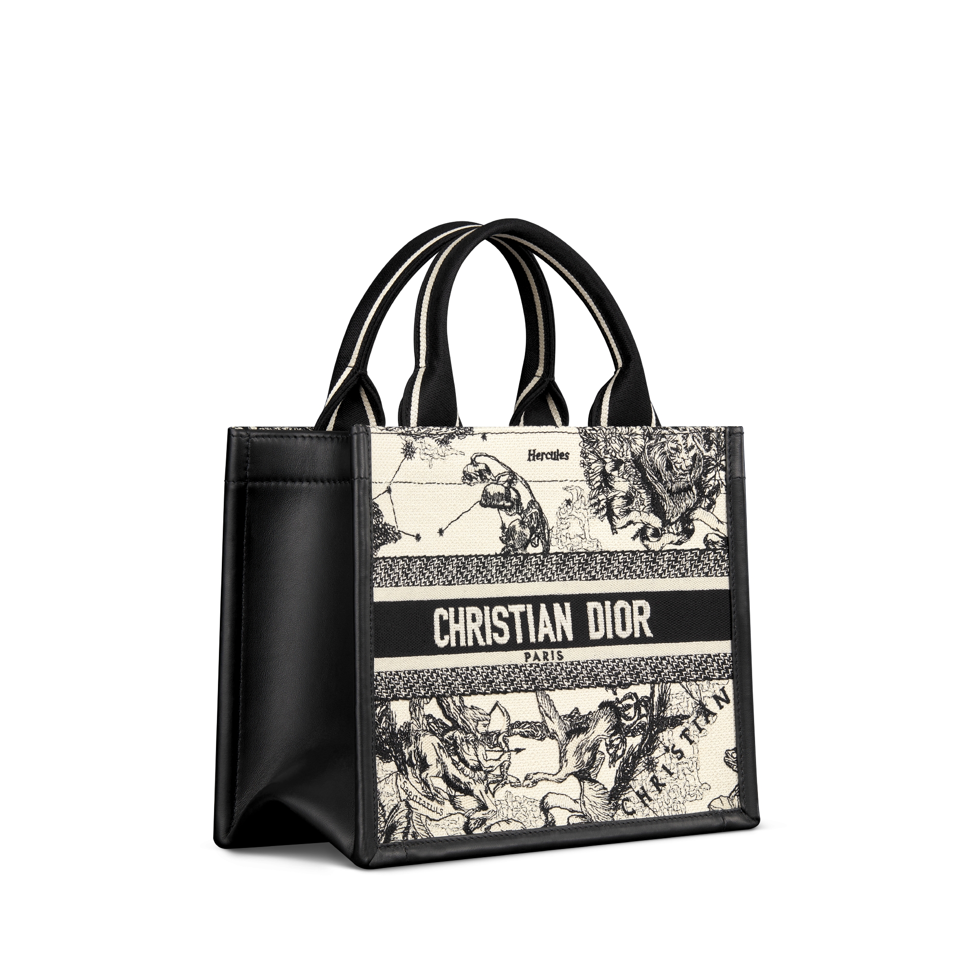 Kleine Dior Book Tote Lattekleurig en zwart Dior Zodiac-borduursel met zwart kalfsleer (26,5 x 22 x 14 cm) E03