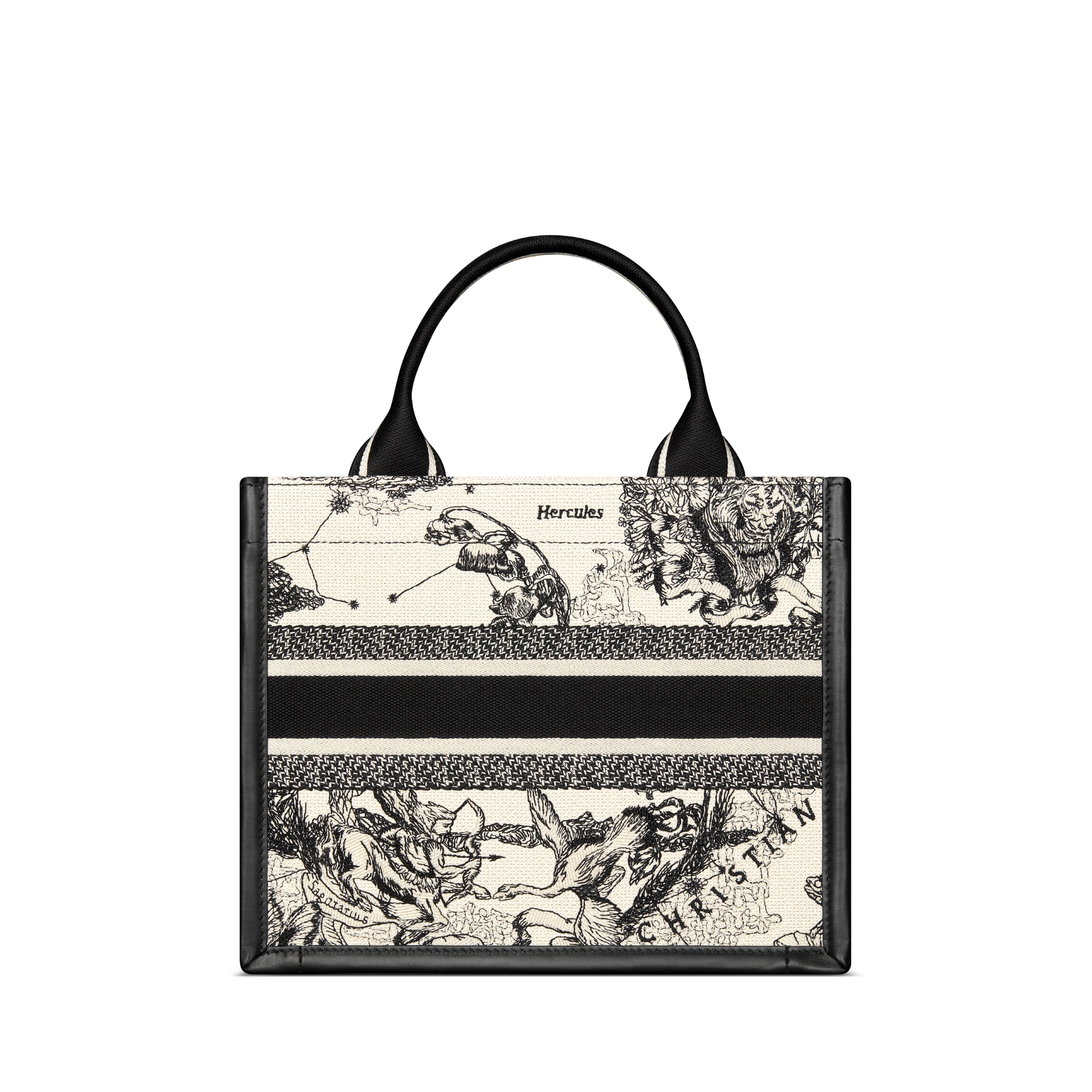 Kleine Dior Book Tote Lattekleurig en zwart Dior Zodiac-borduursel met zwart kalfsleer (26,5 x 22 x 14 cm) E08