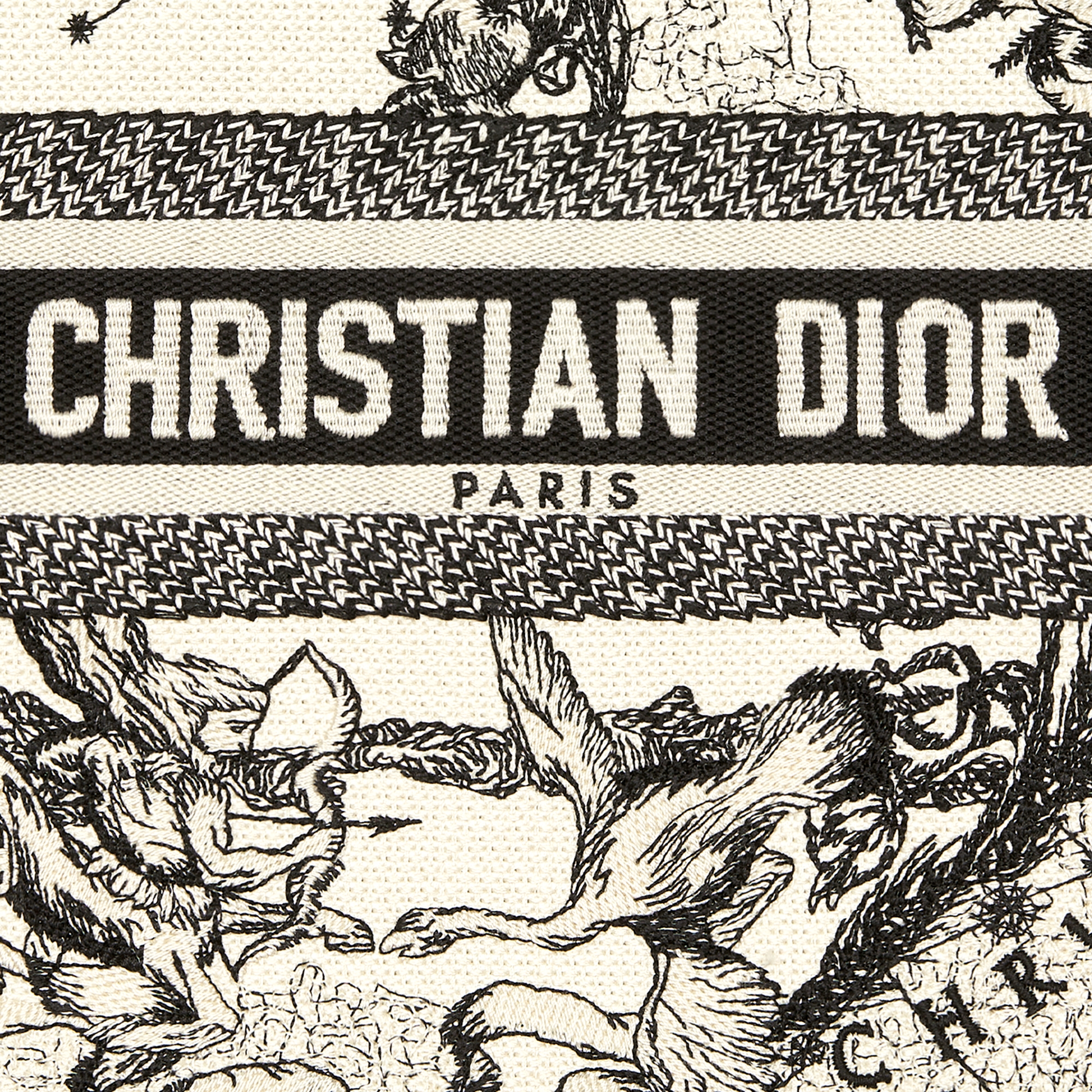 Kleine Dior Book Tote Lattekleurig en zwart Dior Zodiac-borduursel met zwart kalfsleer (26,5 x 22 x 14 cm) E09