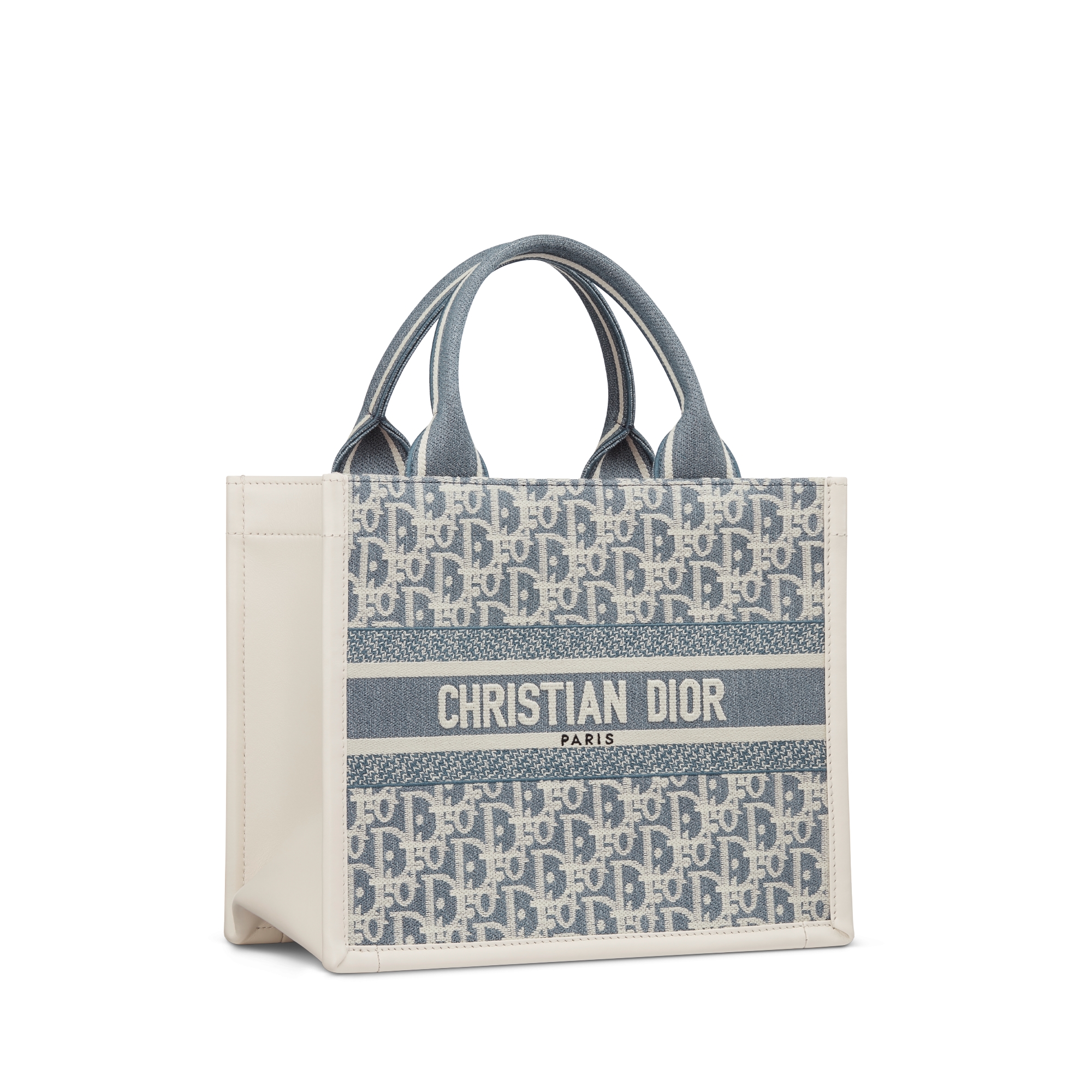 Dior Book Tote 스몰 백 블루 Dior Oblique Chambray 자수 & 라떼 송아지 가죽 (26.5 x 22 x 14cm) E03