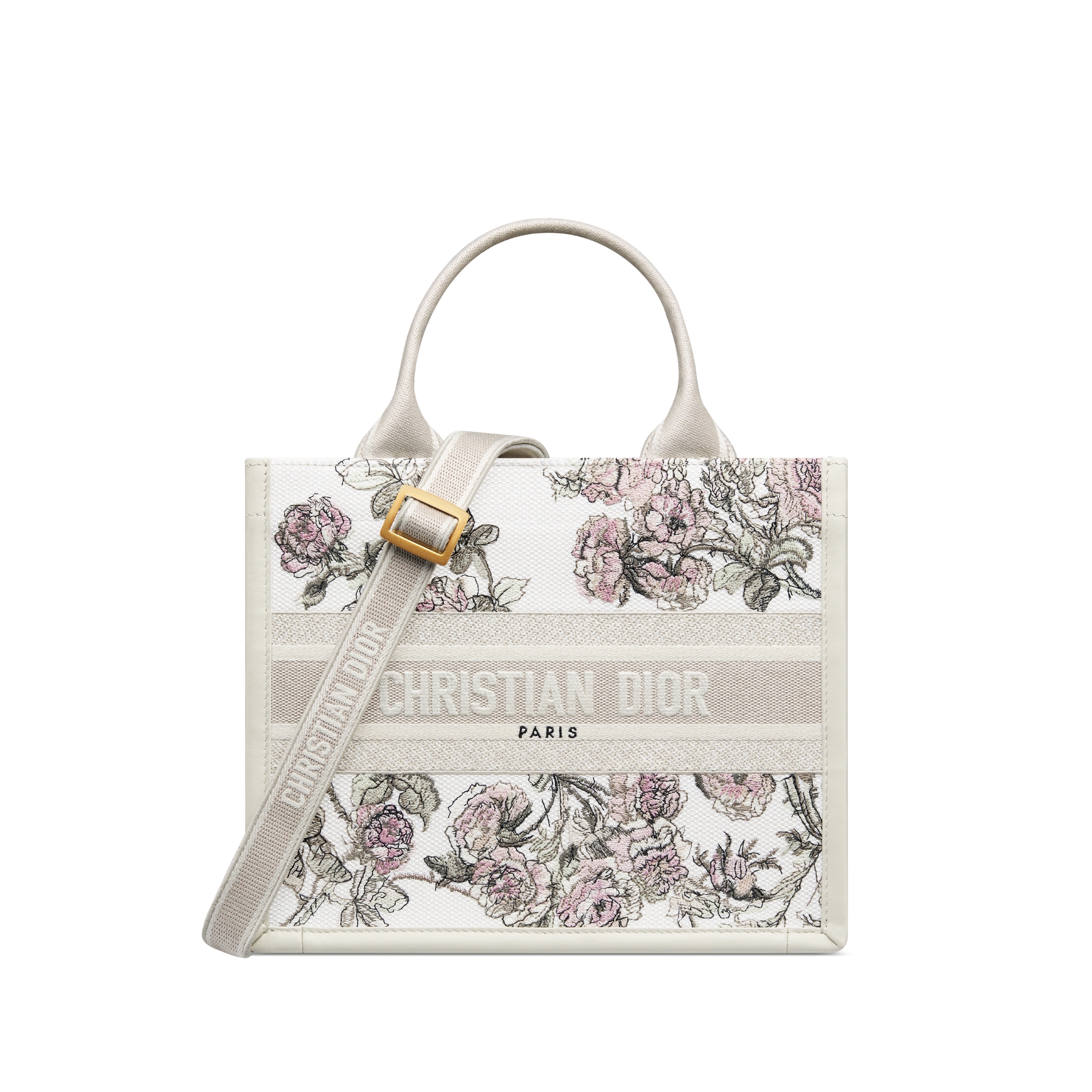 Sac Dior Book Tote Small Broderie Rosier de Dior multicolore et cuir de veau couleur latte (26,5 x 22 x 14 cm) E01