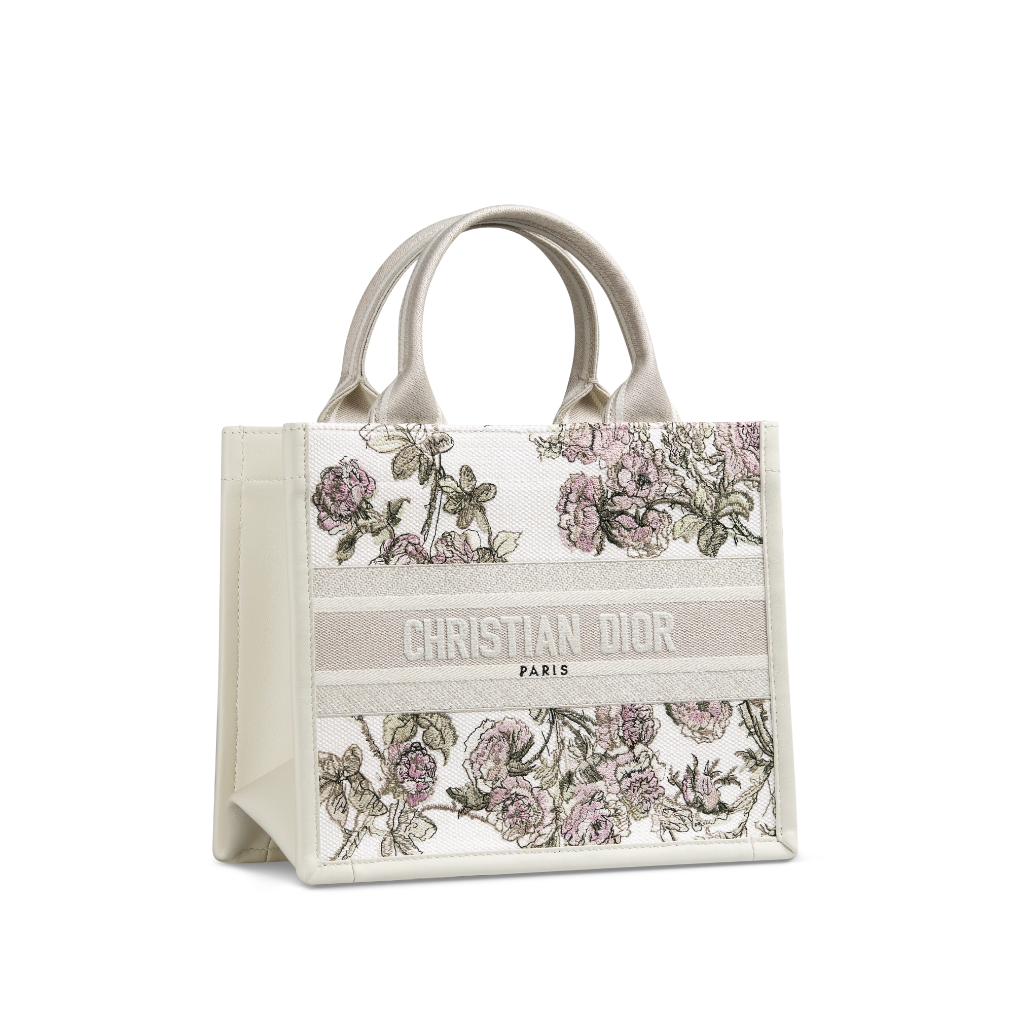 Small Dior Book Tote Multicolor Rosier de Dior Embroidery and Latte Calfskin (26.5 x 22 x 14 cm) E03