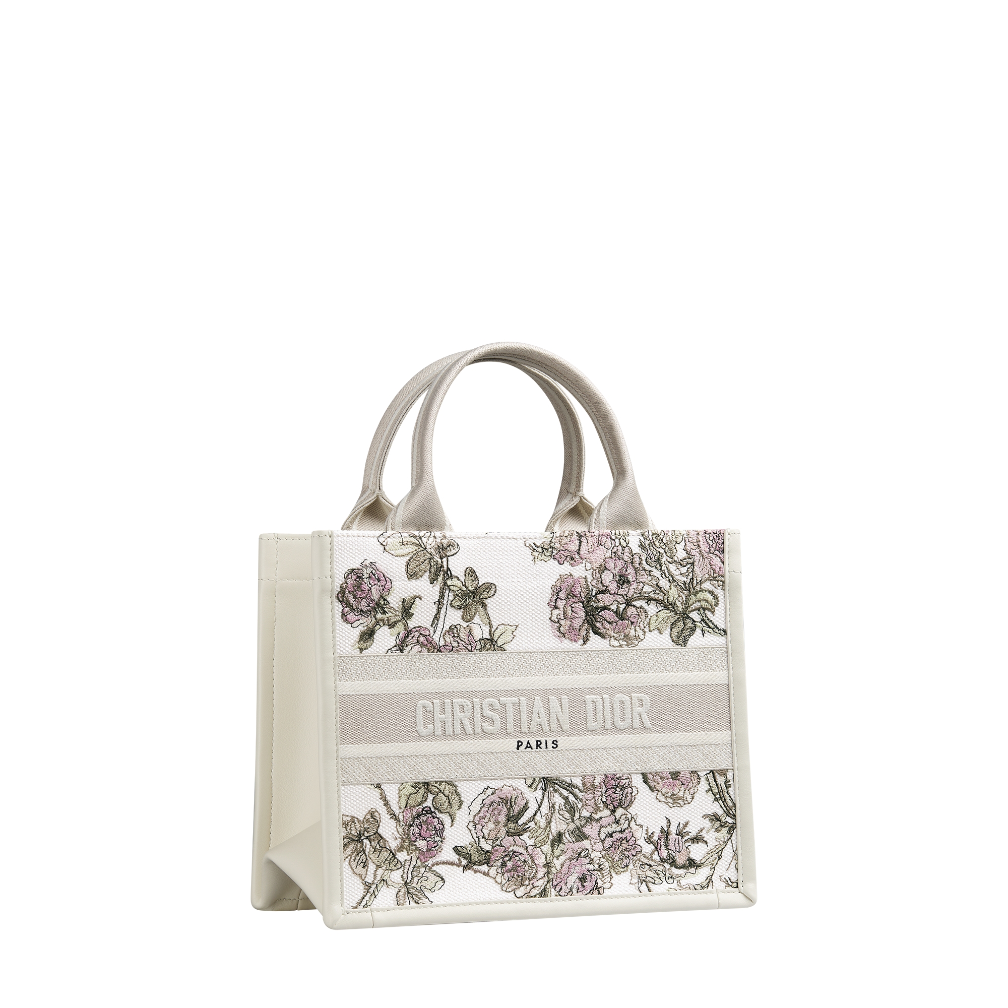 Small Dior Book Tote Multicolor Rosier de Dior Embroidery and Latte Calfskin (26.5 x 22 x 14 cm) E03