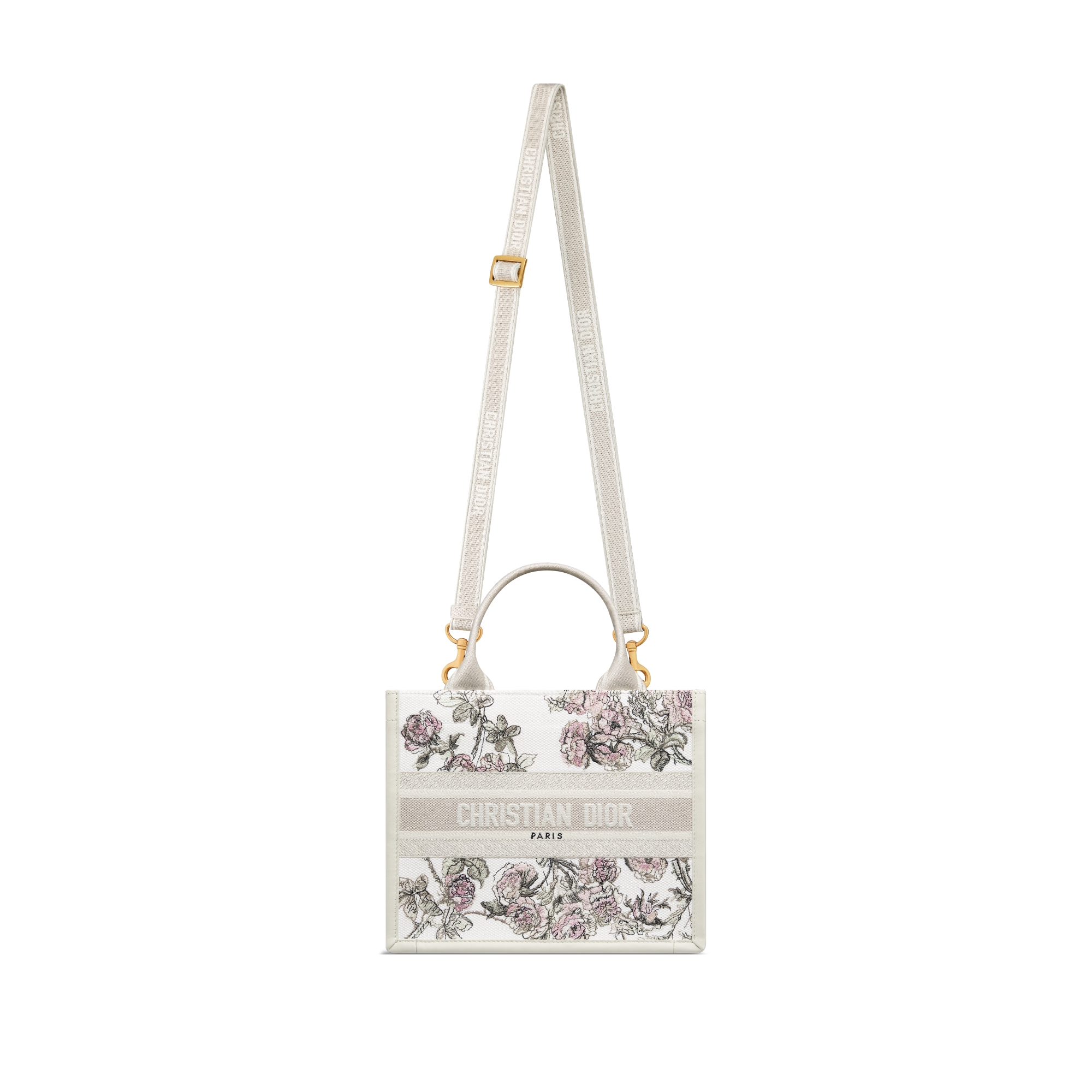 Small Dior Book Tote Multicolor Rosier de Dior Embroidery and Latte Calfskin (26.5 x 22 x 14 cm) E07