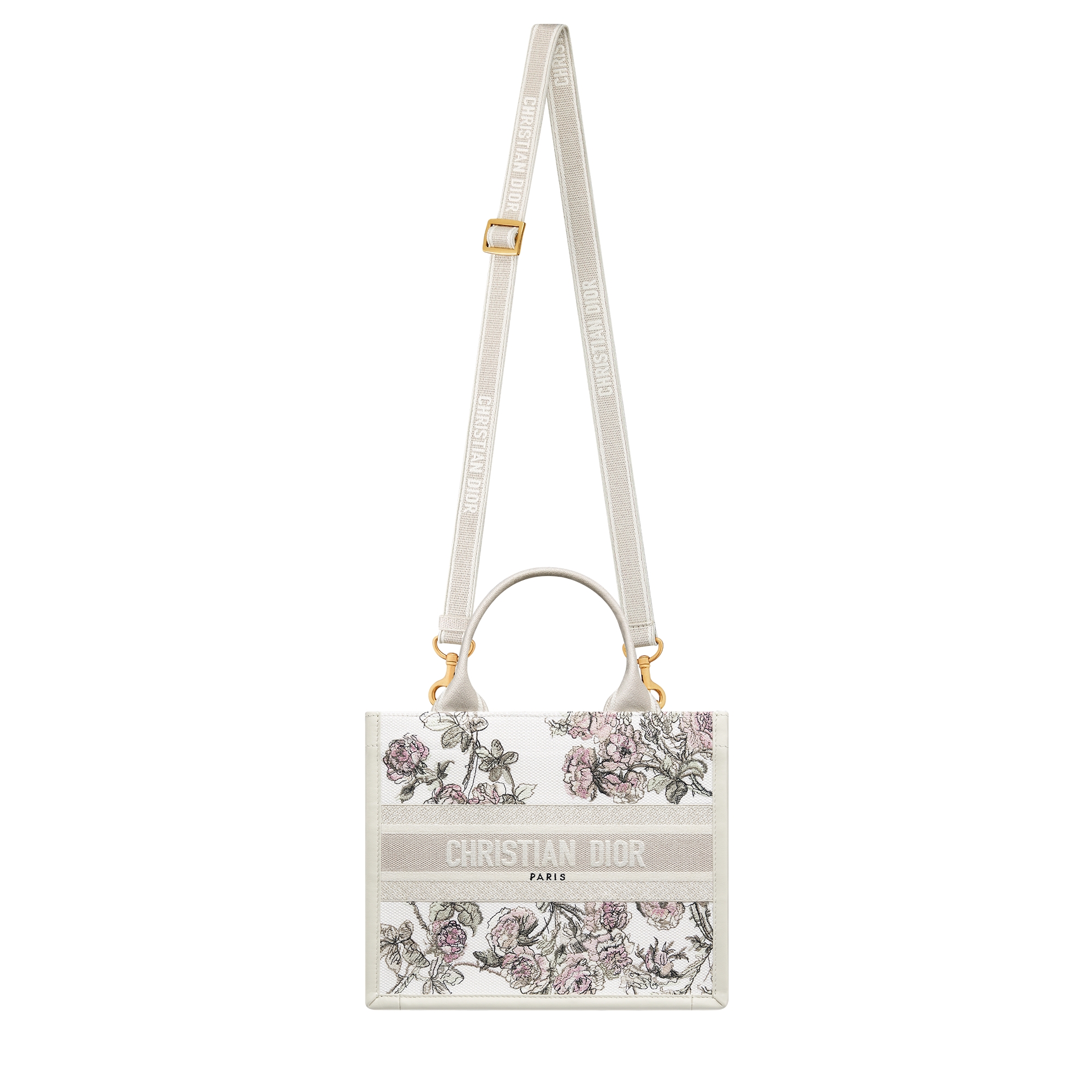 Small Dior Book Tote Multicolor Rosier de Dior Embroidery and Latte Calfskin (26.5 x 22 x 14 cm) E07