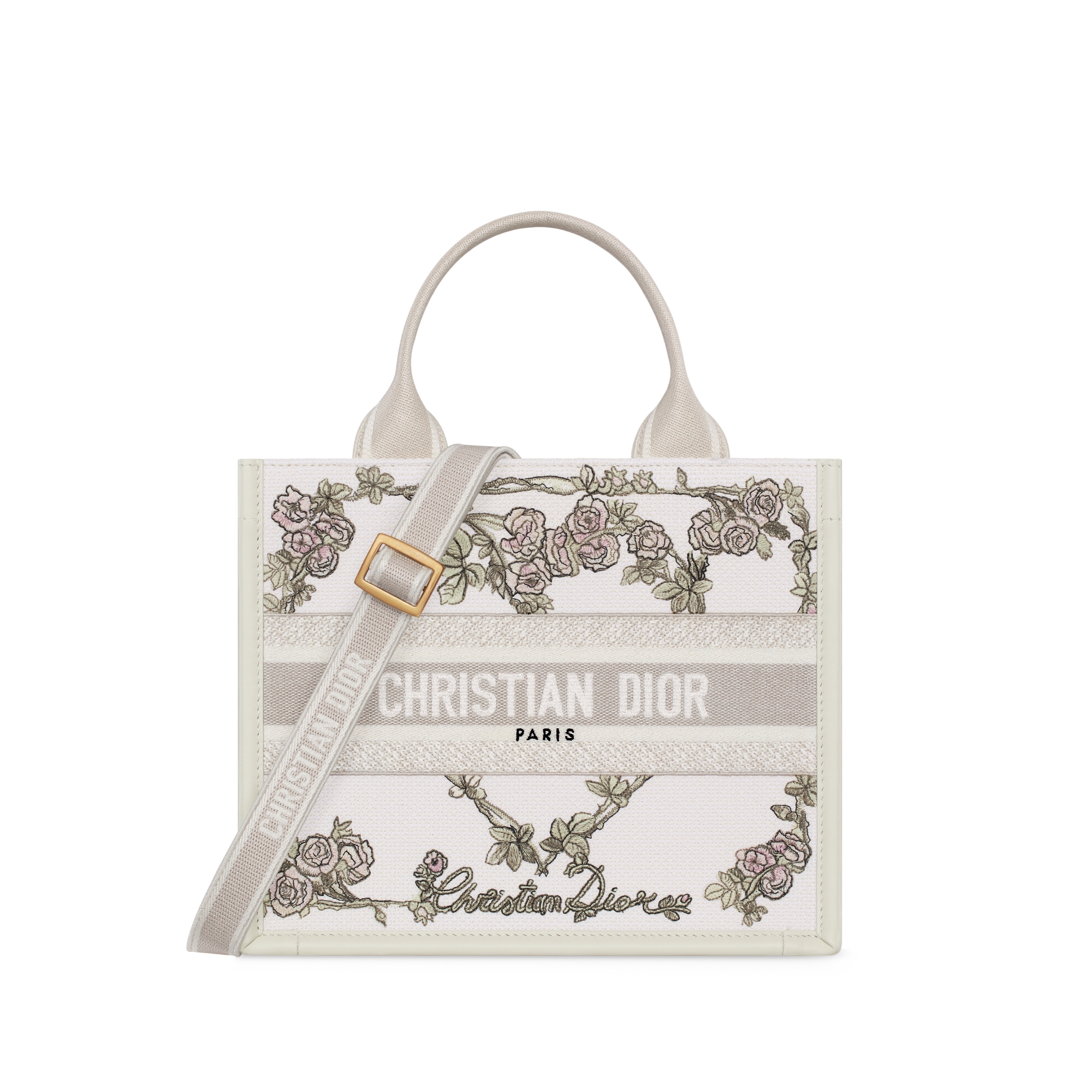 Sac Dior Book Tote Small Broderie Amour de Roses multicolore et cuir de veau couleur latte (26,5 x 22 x 14 cm) E01