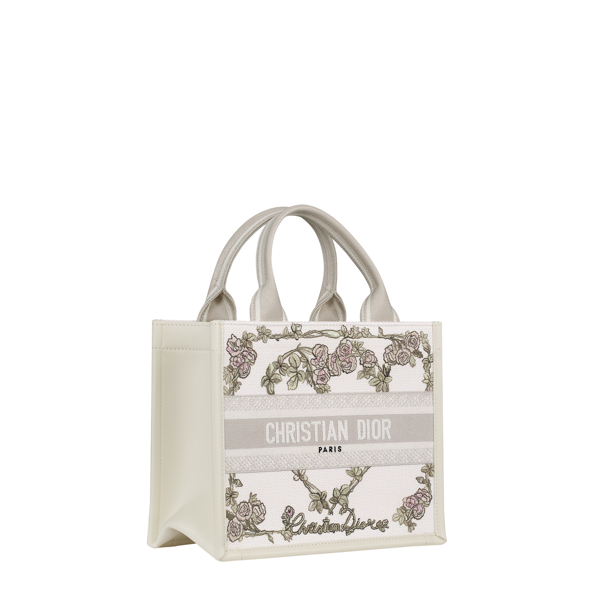 Small Dior Book Tote Multicolor Amour de Roses Embroidery and Latte Calfskin (26.5 x 22 x 14 cm) E03