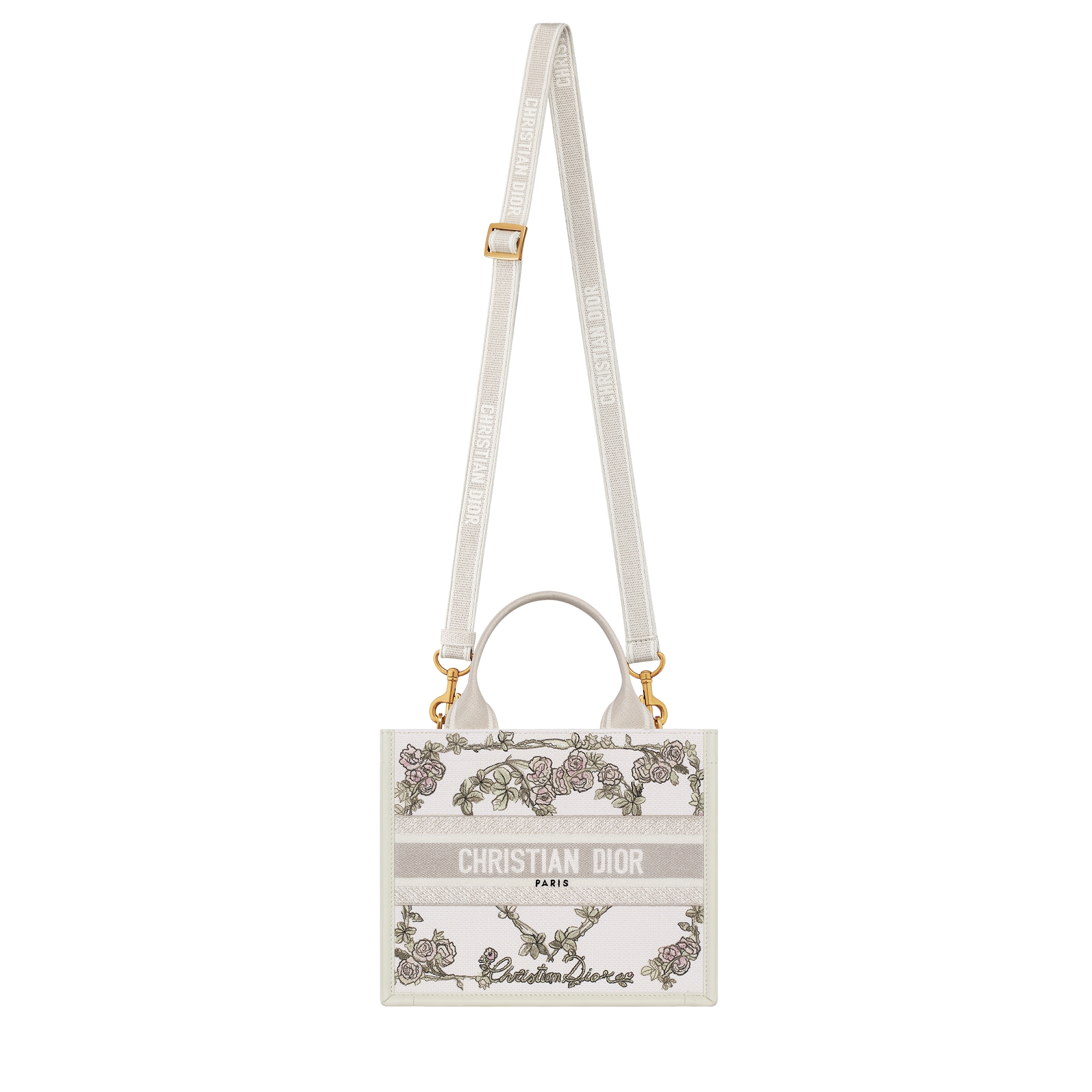 Small Dior Book Tote Multicolor Amour de Roses Embroidery and Latte Calfskin (26.5 x 22 x 14 cm) E07
