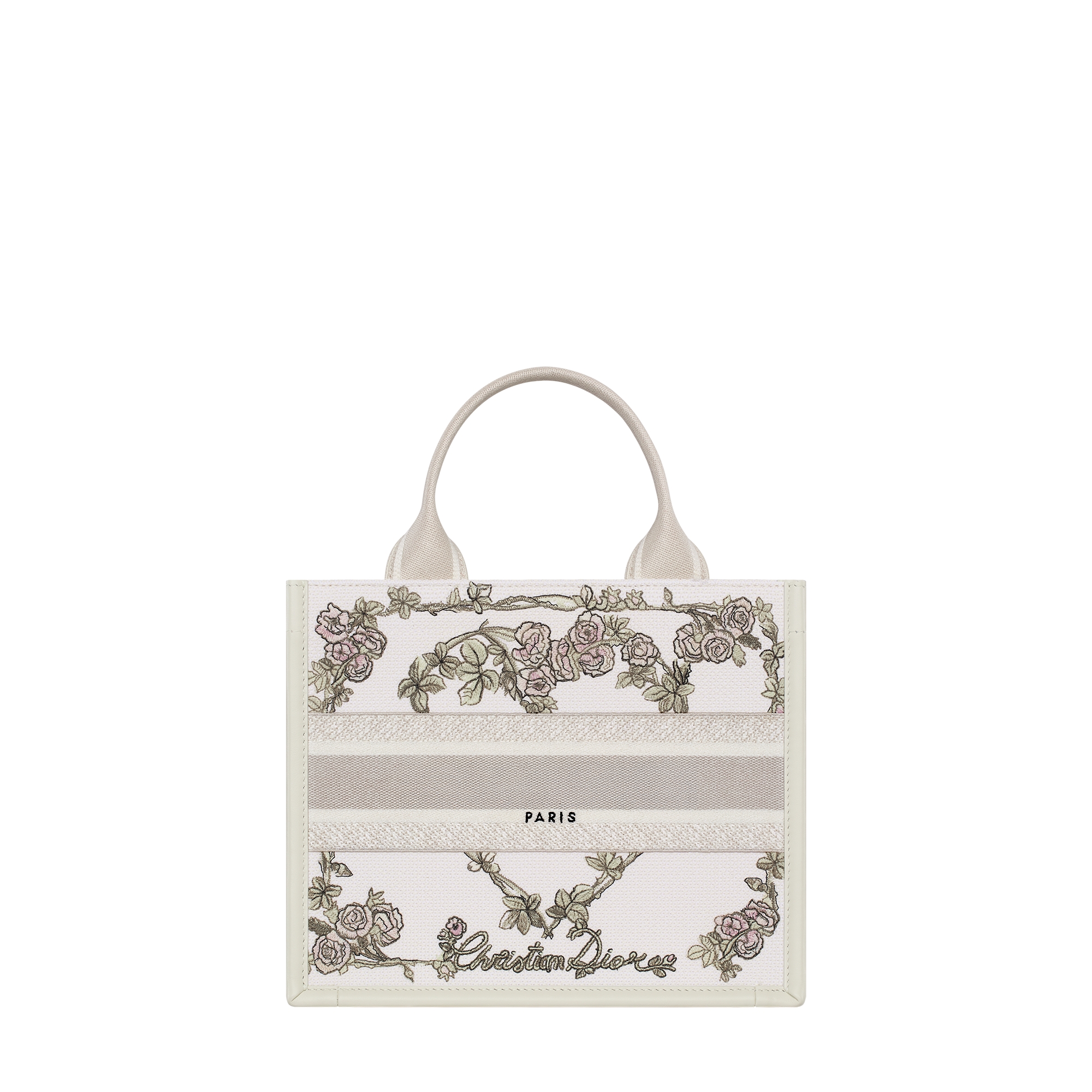 Small Dior Book Tote Multicolor Amour de Roses Embroidery and Latte Calfskin (26.5 x 22 x 14 cm) E08