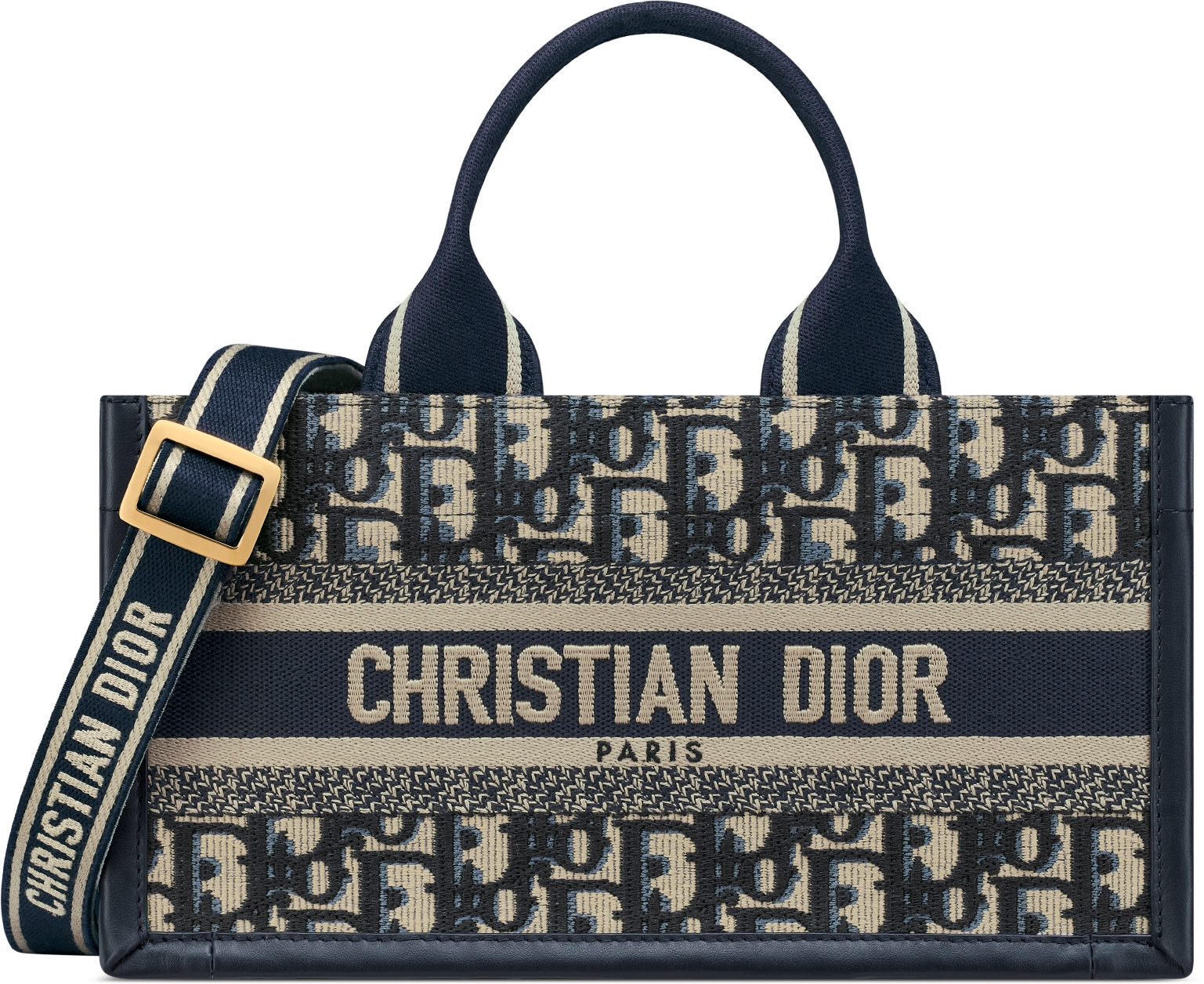 East-West Dior Book Tote with strap Blue Dior Oblique Embroidery and  Calfskin (27 x 14 x 10 cm) | DIOR