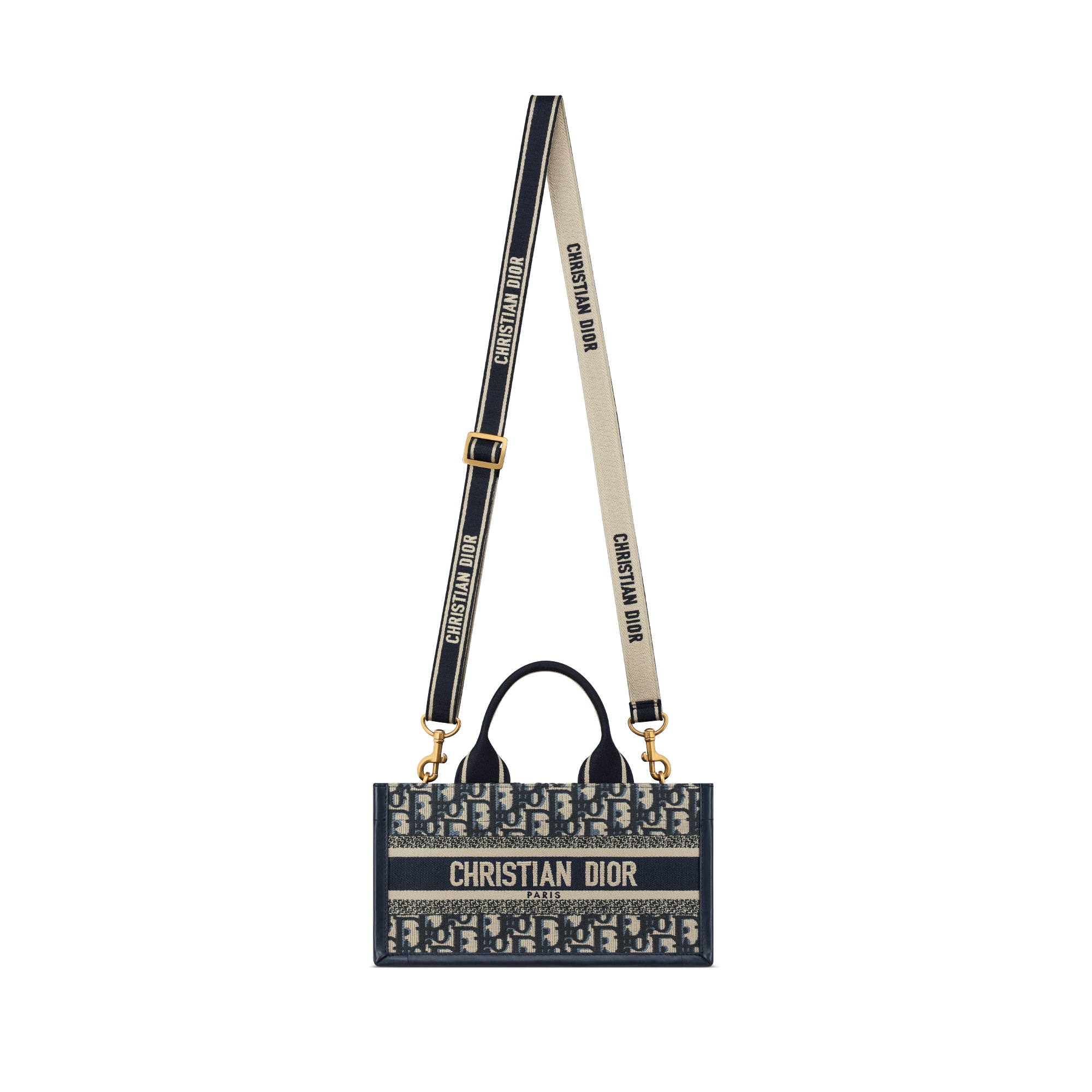 East-West Dior Book Tote with Strap Blue Dior Oblique Embroidery and Calfskin (27 x 14 x 10 cm) E07