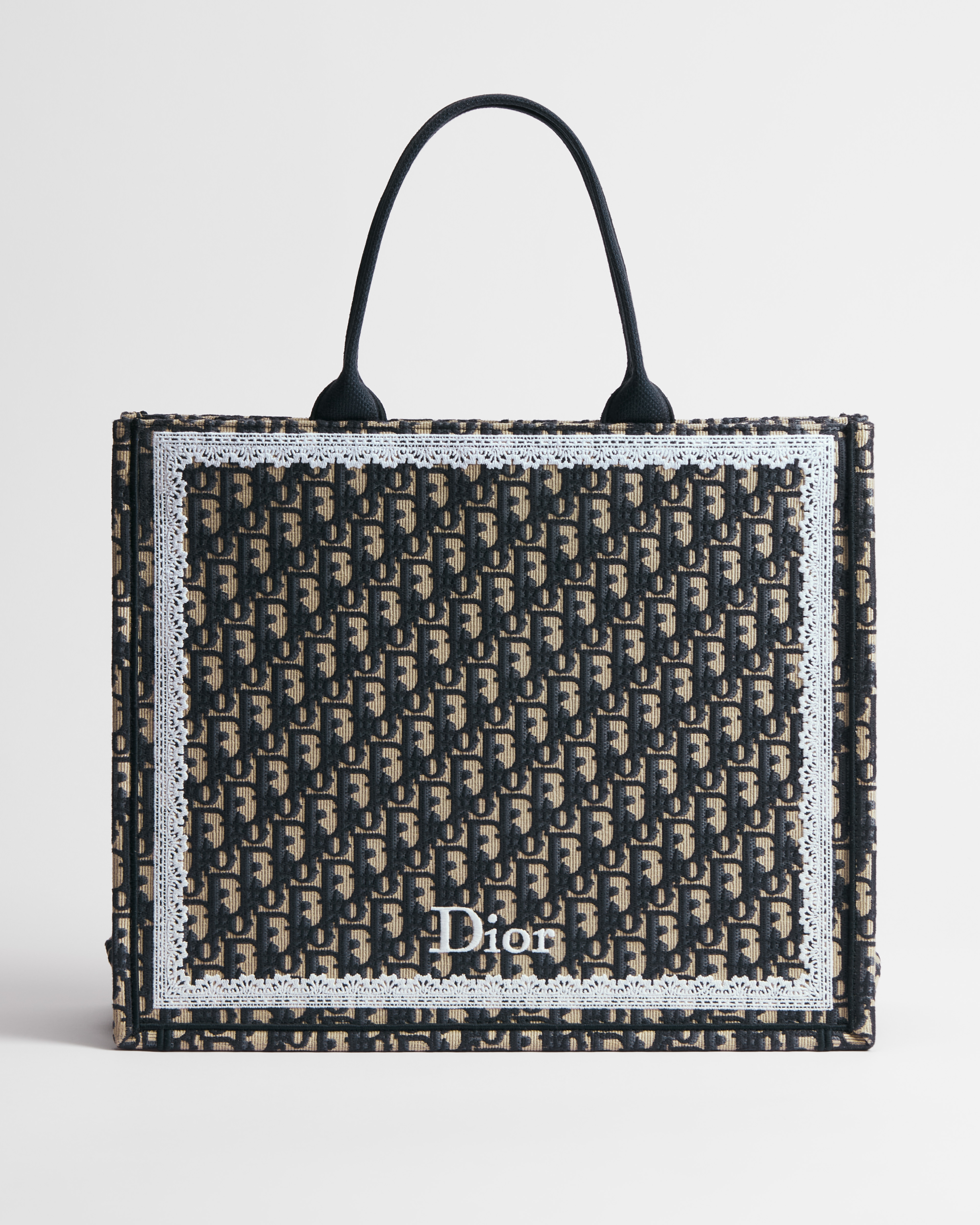 Borsa grande Dior Book Tote Ricamo Dior Oblique blu e pizzo bianco (42 x 35 x 18,5 cm) E01
