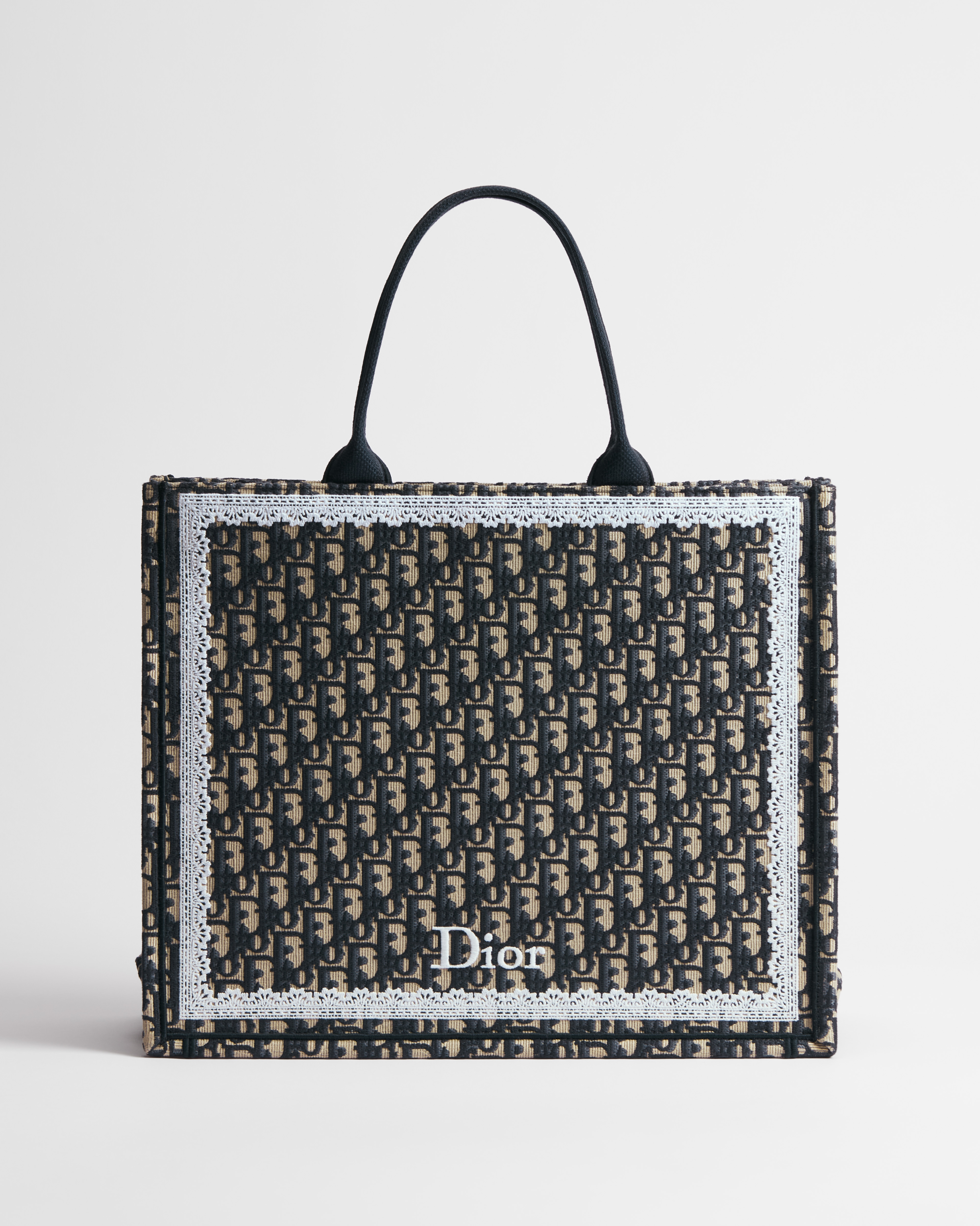 Large Dior Book Tote Blue Dior Oblique Embroidery and White Lace (42 x 35 x 18 cm) E01