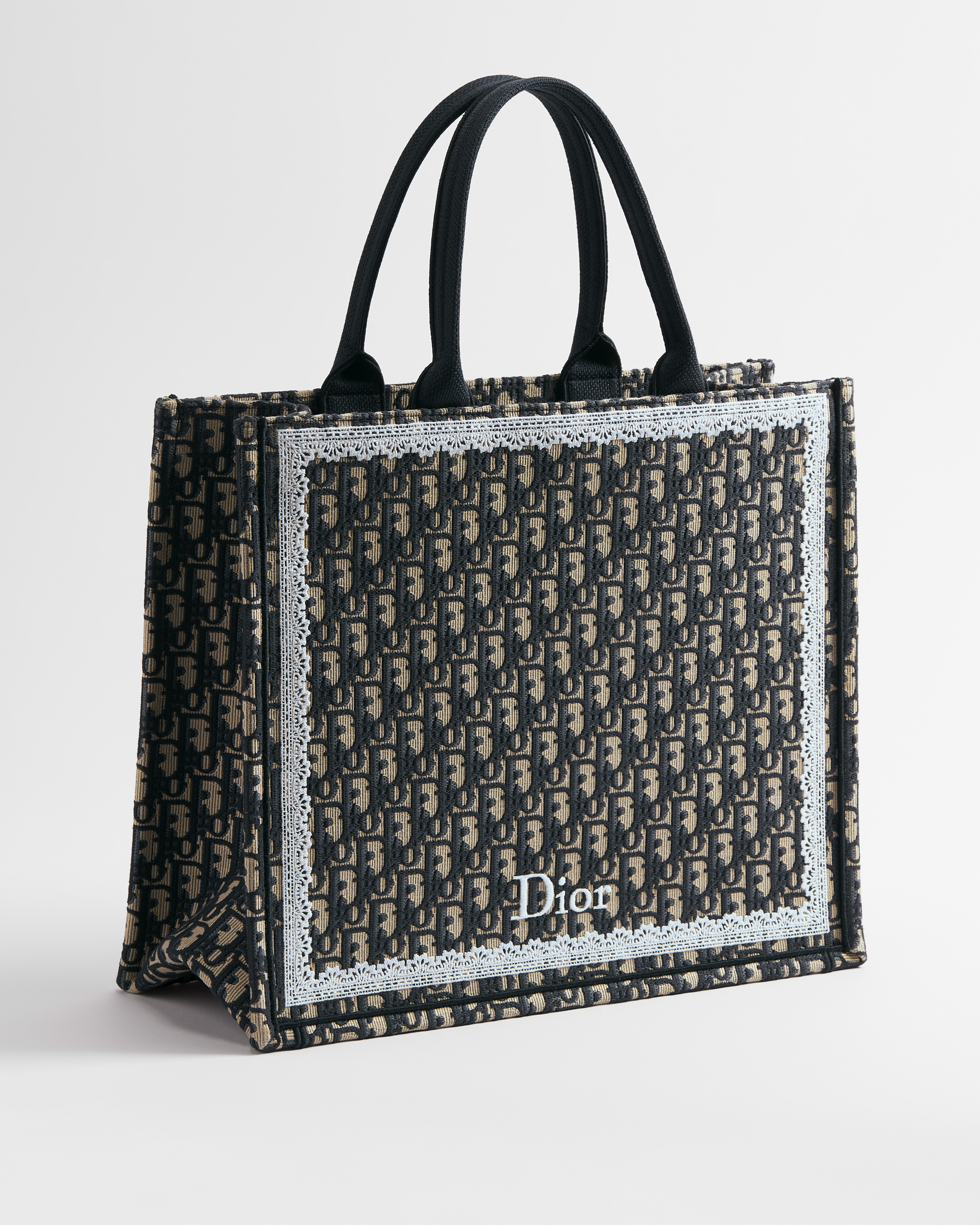 Borsa grande Dior Book Tote Ricamo Dior Oblique blu e pizzo bianco (42 x 35 x 18,5 cm) E03