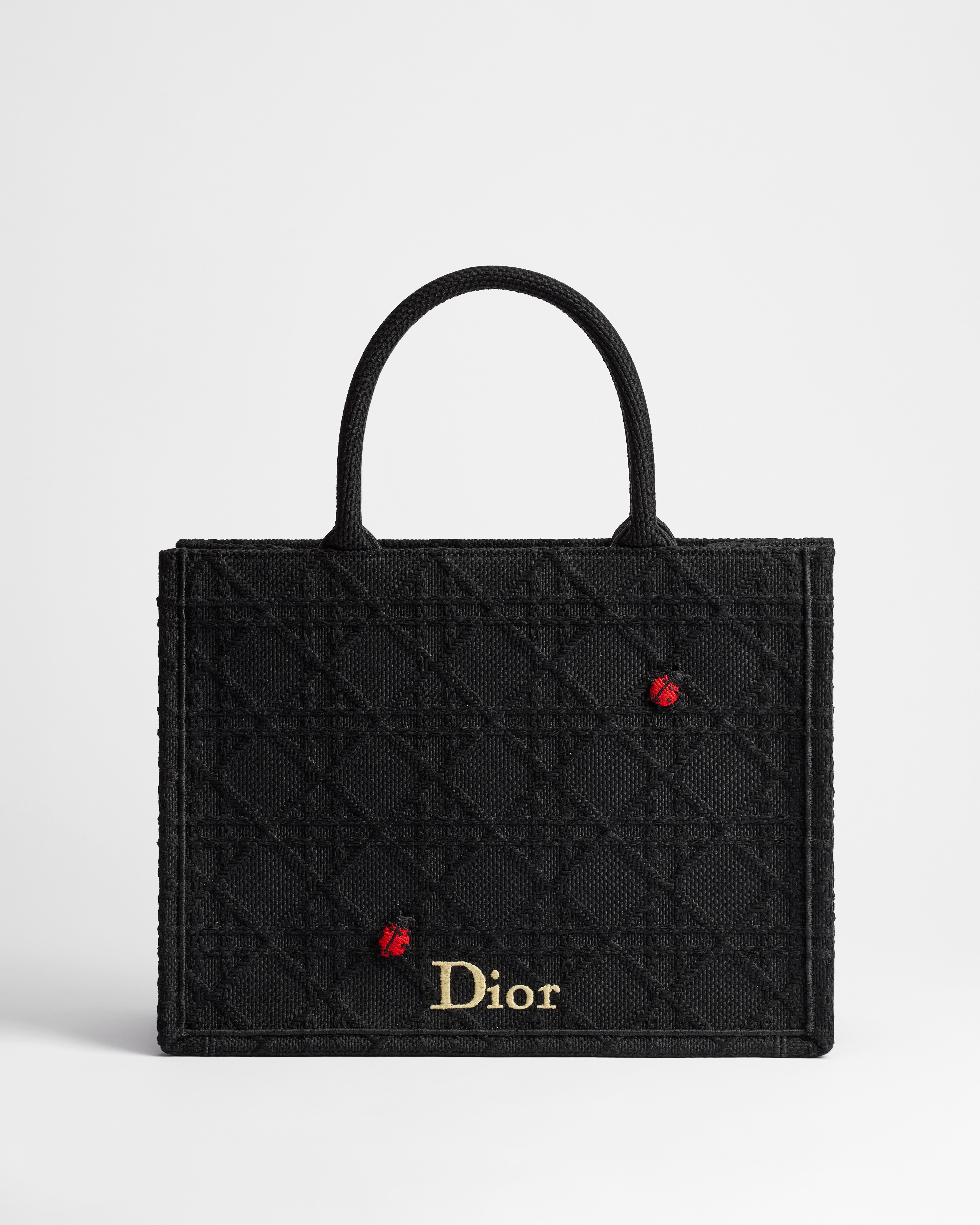 Medium Dior Book Tote with Strap Black Raffia-Effect Cannage Embroidery (36 x 27.5 x 16.5 cm) E01