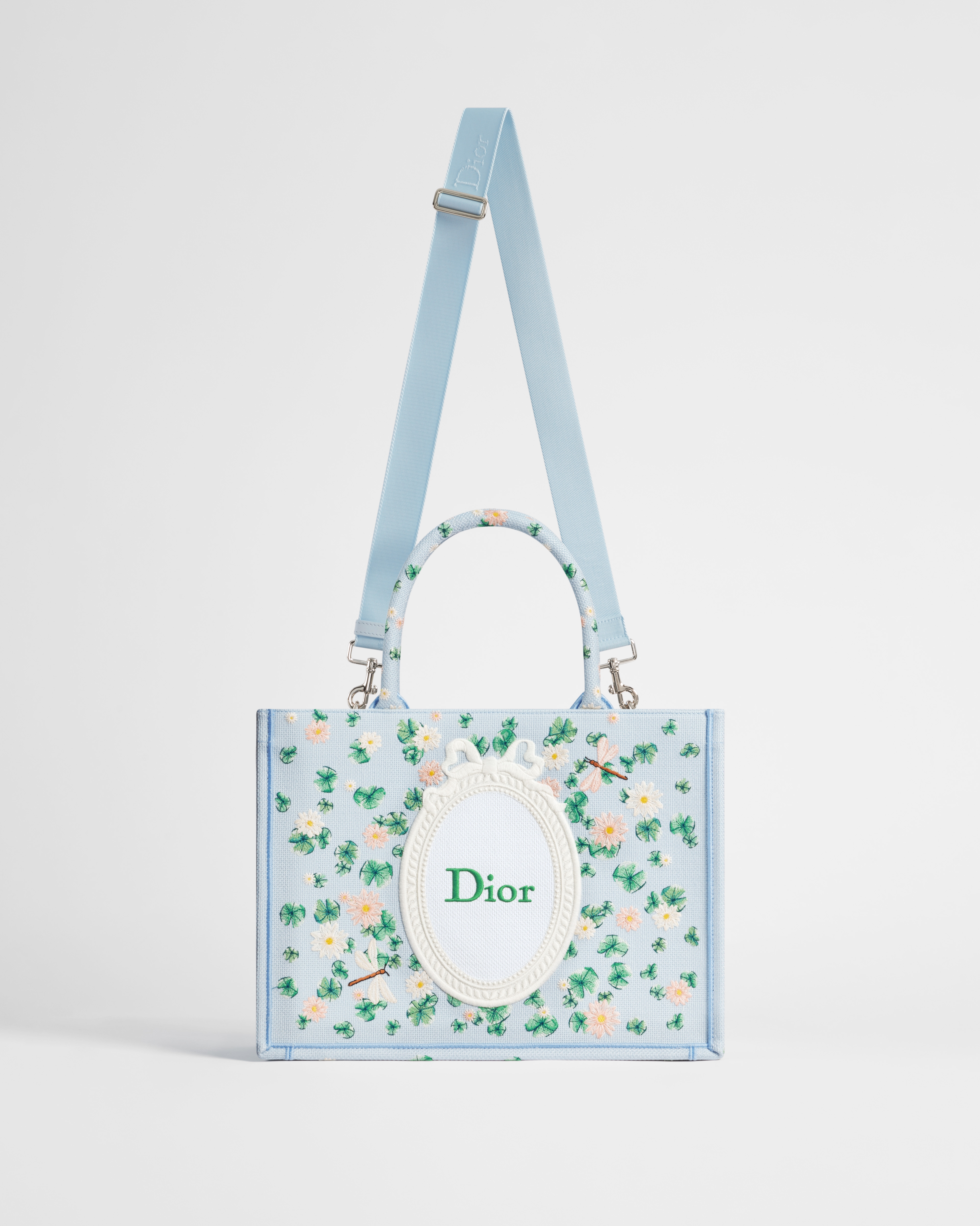 Medium Dior Book Tote with Strap Multicolor Dior Water Lily Embroidery and Dior Médaillon (36 x 27.5 x 16.5 cm) E07