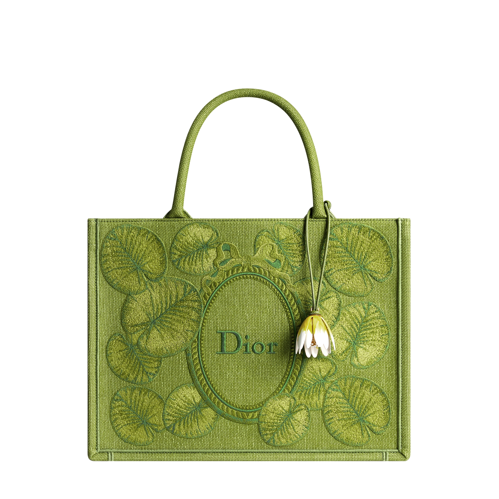 Medium Dior Book Tote with Strap Green Dior Water Lily Embroidery