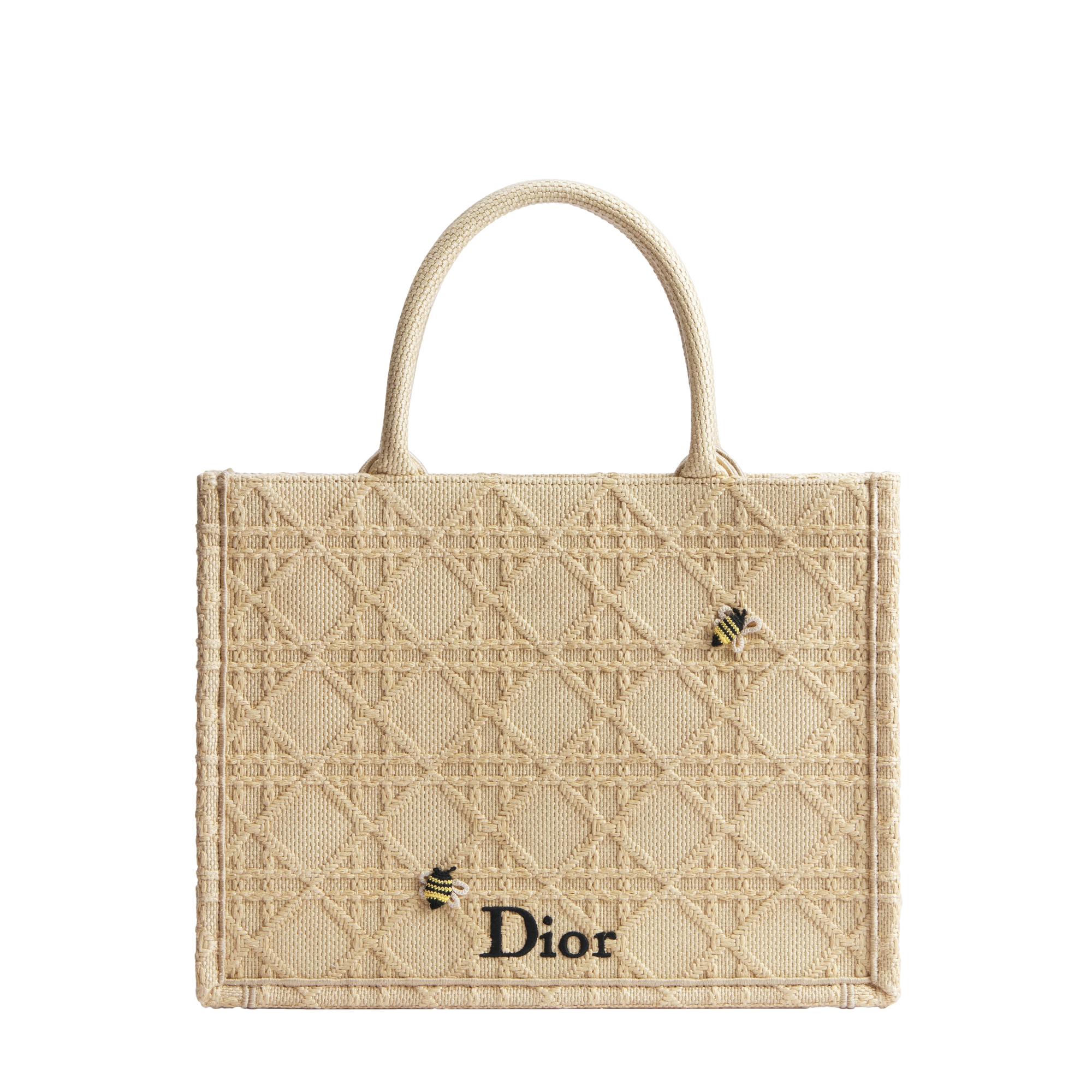 Medium Dior Book Tote with Strap Natural Cannage Raffia-Effect Embroidery (36 x 27.5 x 16.5 cm) E01