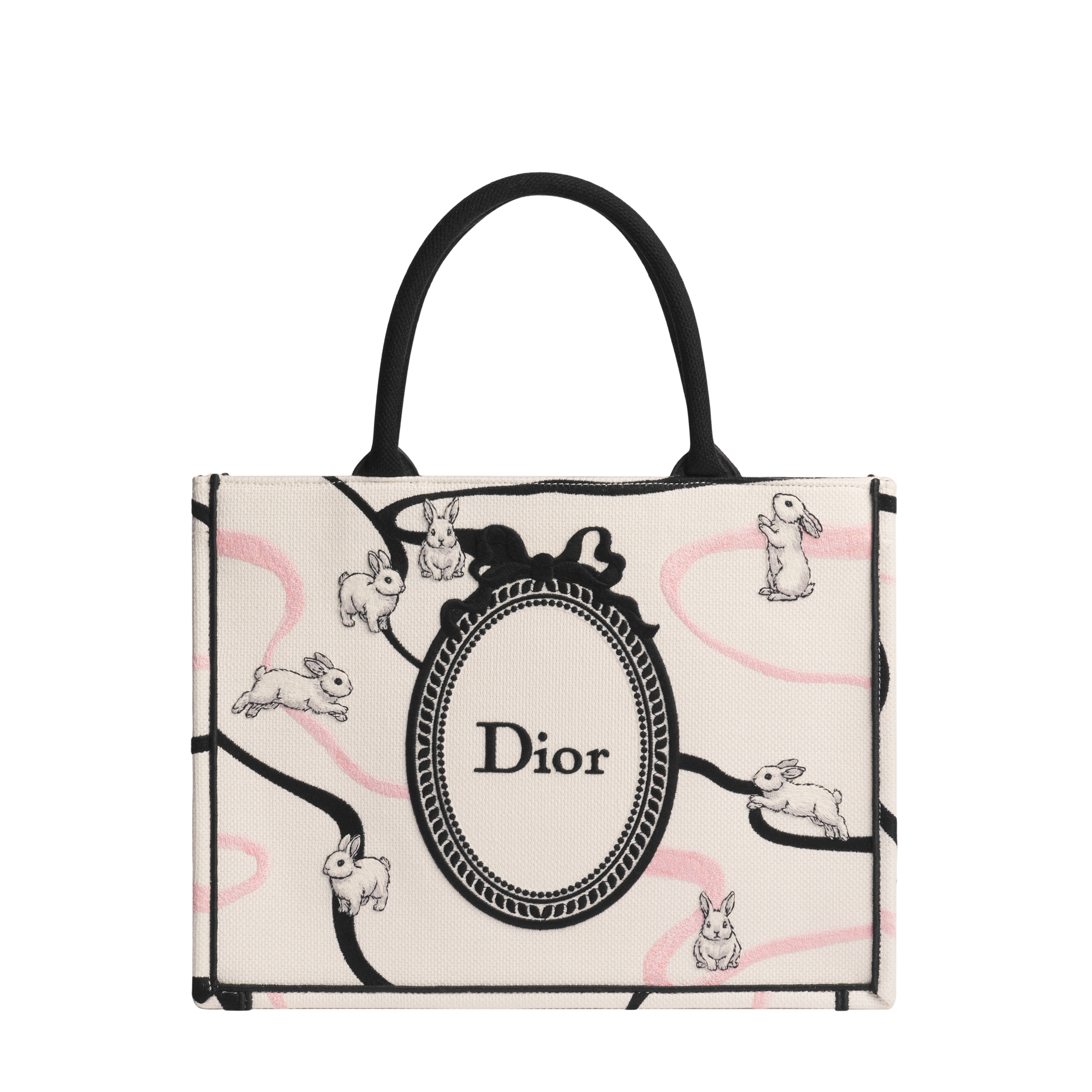 Medium Dior Book Tote with Strap Multicolor Funny Bunny Embroidery and Black Dior Médaillon (36 x 27.5 x 16.5 cm) E01