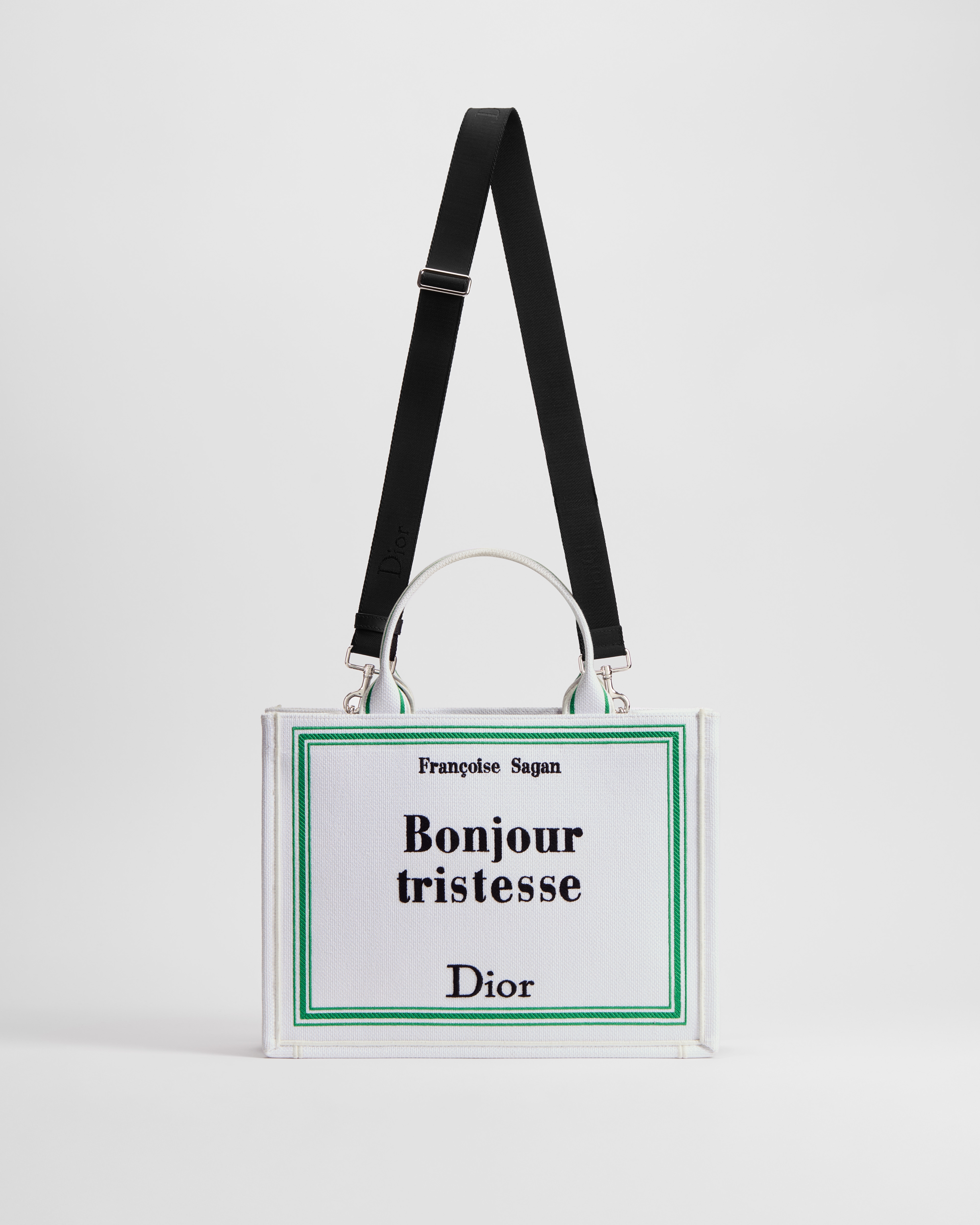 Medium Dior Book Tote with Strap White, Green and Black Book Cover Embroidery (36 x 27.5 x 16.5 cm) E07