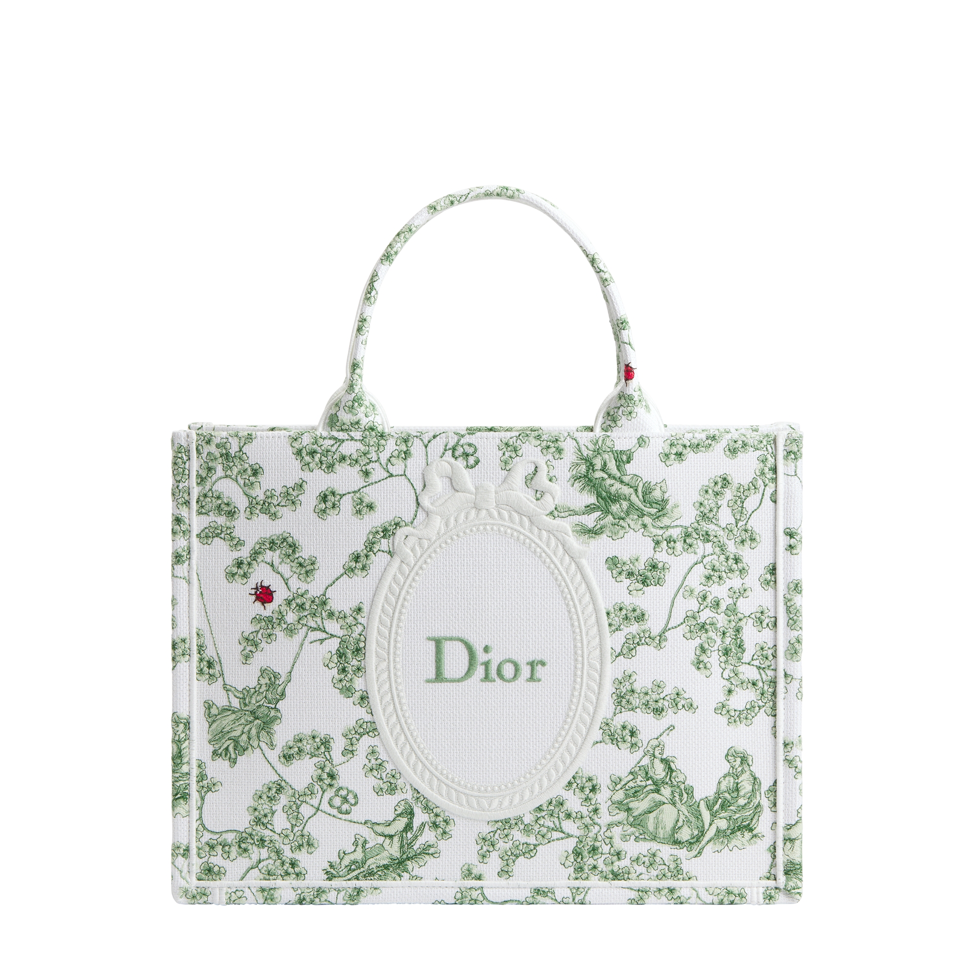 Sac Dior Book Tote Medium à bandoulière Broderie Toile de Jouy Clover vert multicolore et Dior Médaillon blanc (36,5 x 26,5 x 16,5 cm) E01