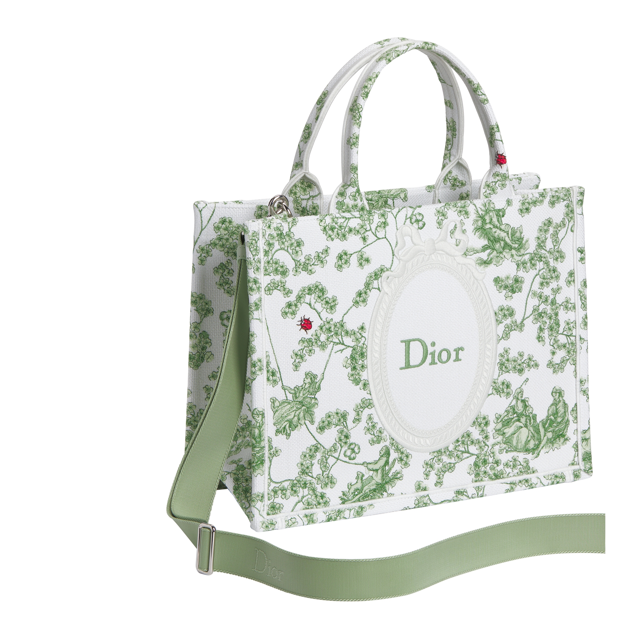 Sac Dior Book Tote Medium à bandoulière Broderie Toile de Jouy Clover vert multicolore et Dior Médaillon blanc (36,5 x 26,5 x 16,5 cm) E03