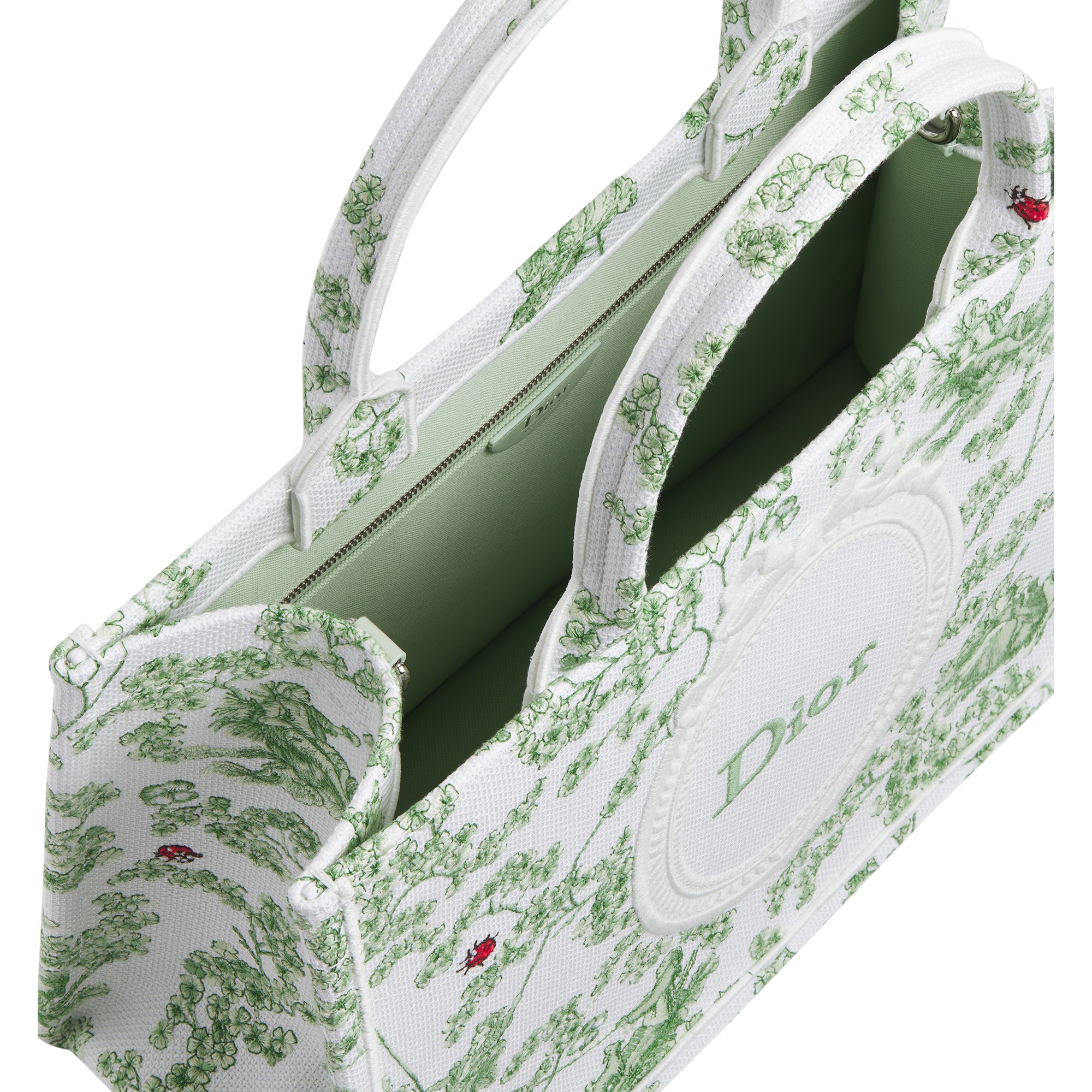 Sac Dior Book Tote Medium à bandoulière Broderie Toile de Jouy Clover vert multicolore et Dior Médaillon blanc (36,5 x 26,5 x 16,5 cm) E06